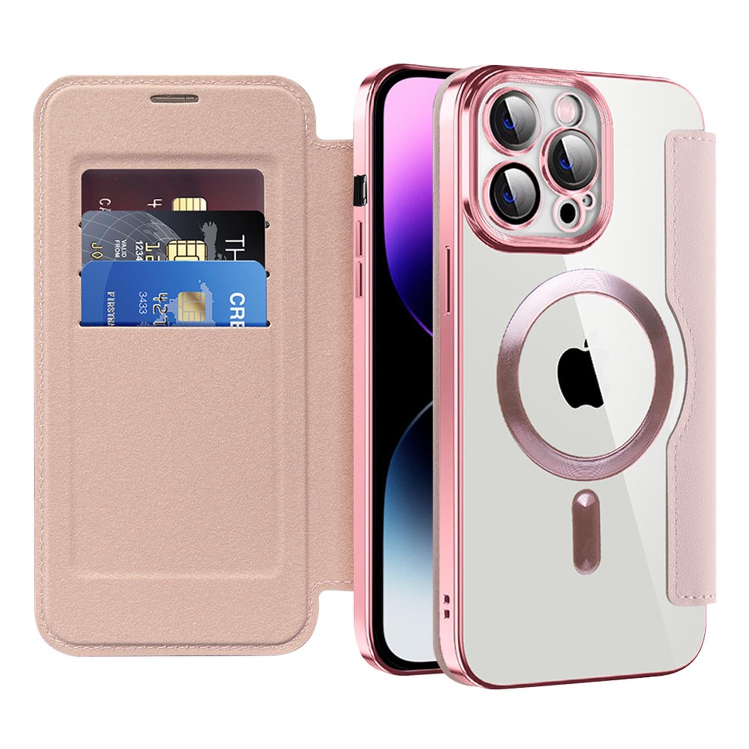 Coque Portefeuille Magnétique IPhone 14 Avec Blocage RFID - Cuir PU, 3 Emplacements Cartes, Compatible MagSafe | Rose