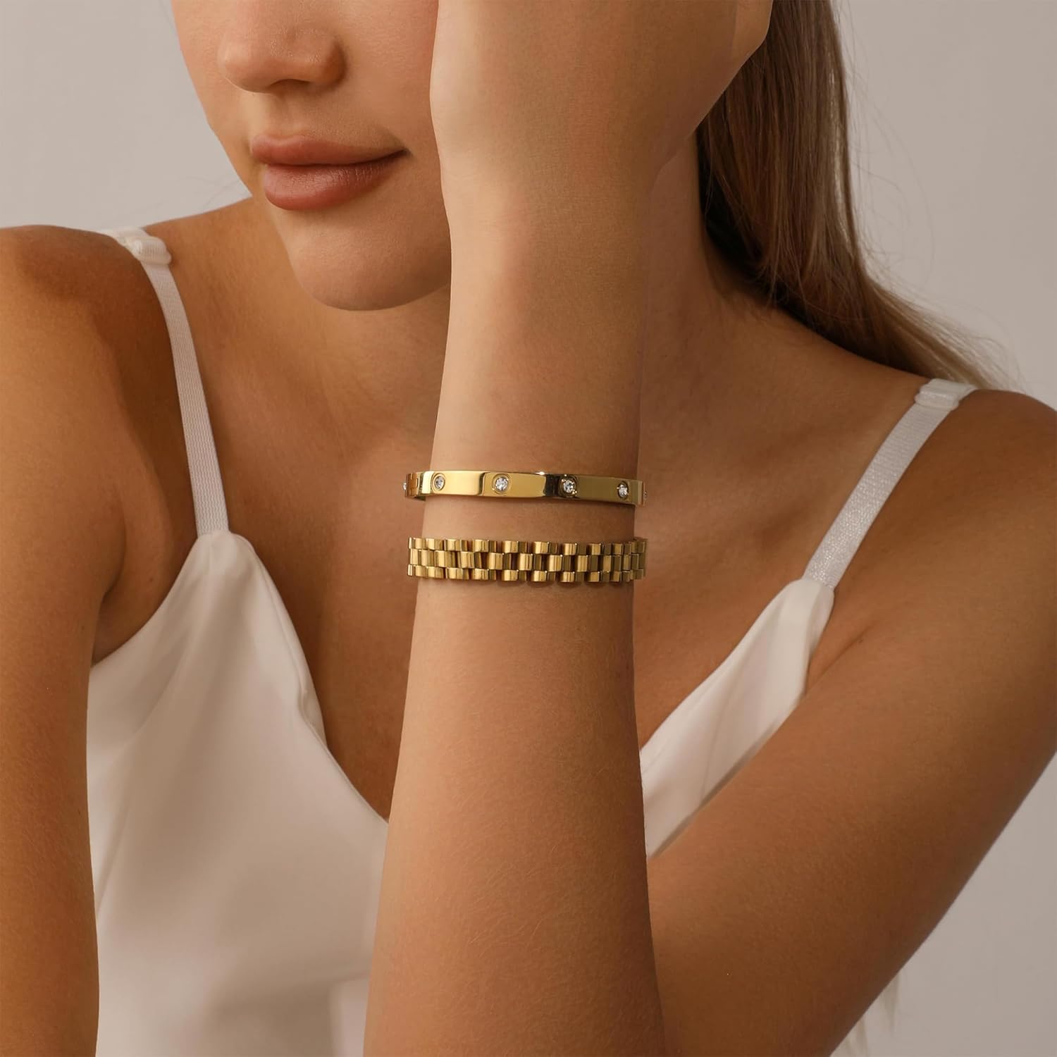 2PCS 18K Gold Chain Link Bracelets for Women - Stackable Love & Friendship Theme Bangle Bracelet Set,Non-Tarnish Stainless Steel Jewelry with Adjustable Tool. - Image 2