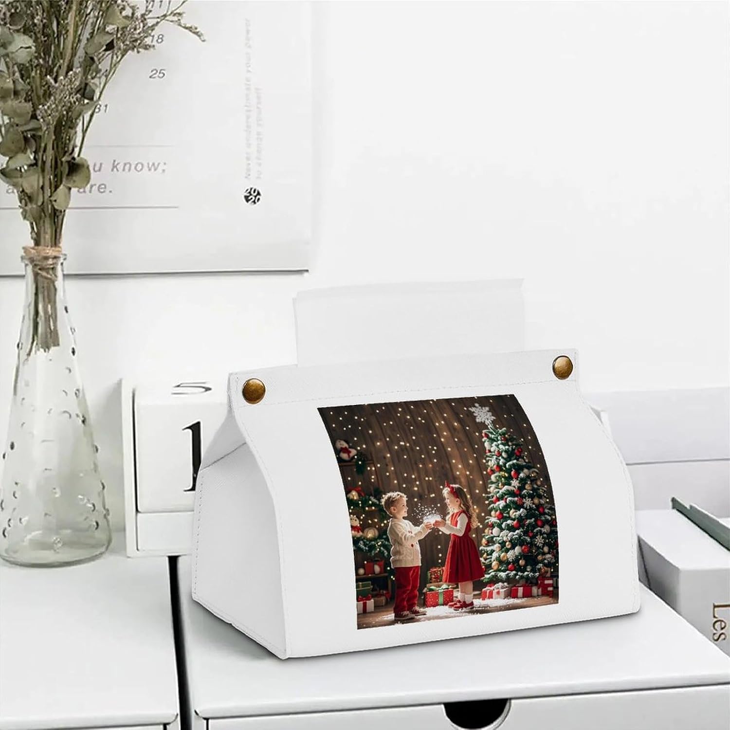 Decorative PU Tissue Paper Holder Children Under The Christmas Tree Printed Tissue Box Cover Napkin Tissues Organizer Home Decor for Bathroom Night Stands Desk Car Dining Table image 5