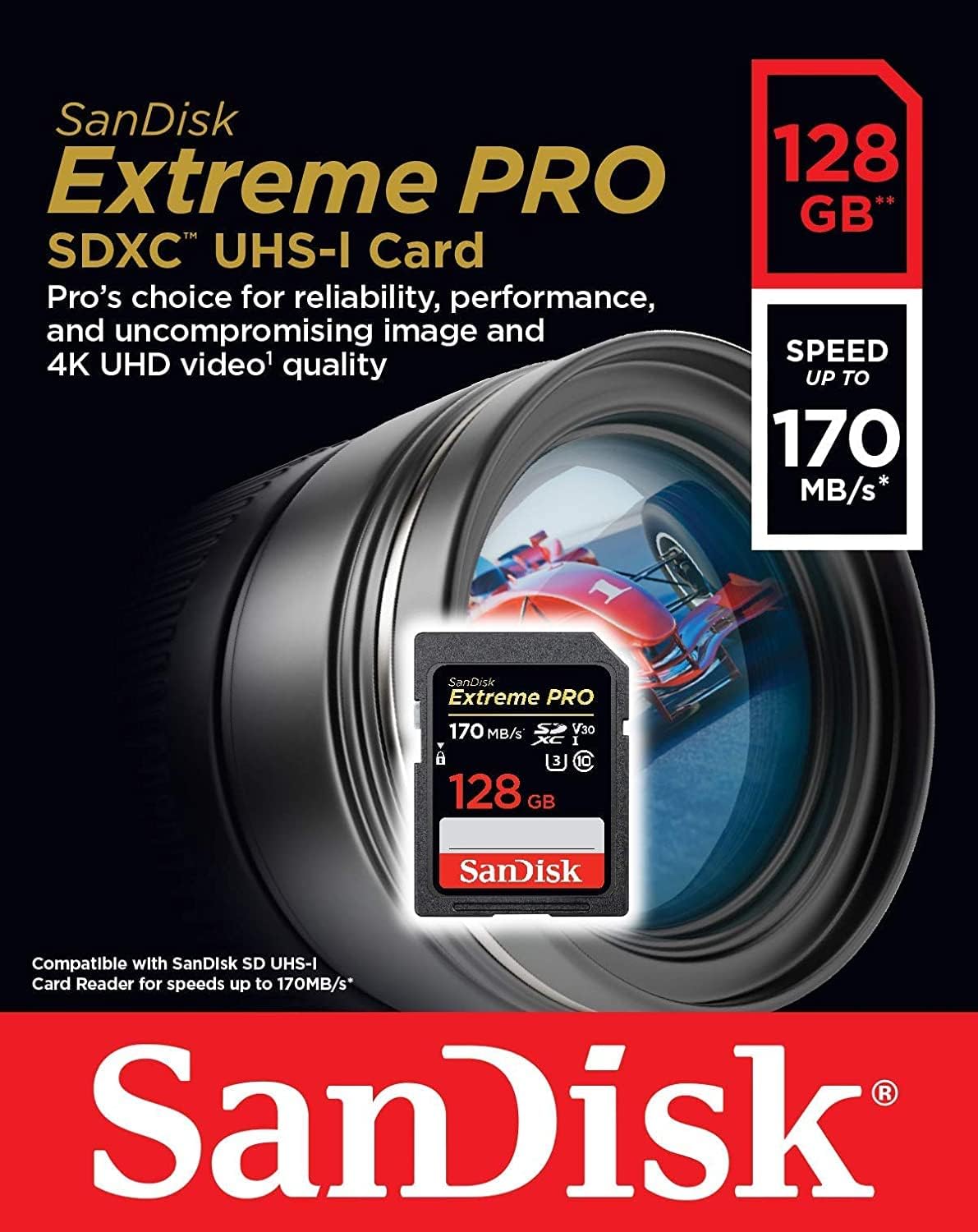 Sandisk 128GB SecureDigital Extreme PRO SDXC UHS-I Card C10,U3,V30 170MB/s - Pack of 2 - with Memory Card Reader