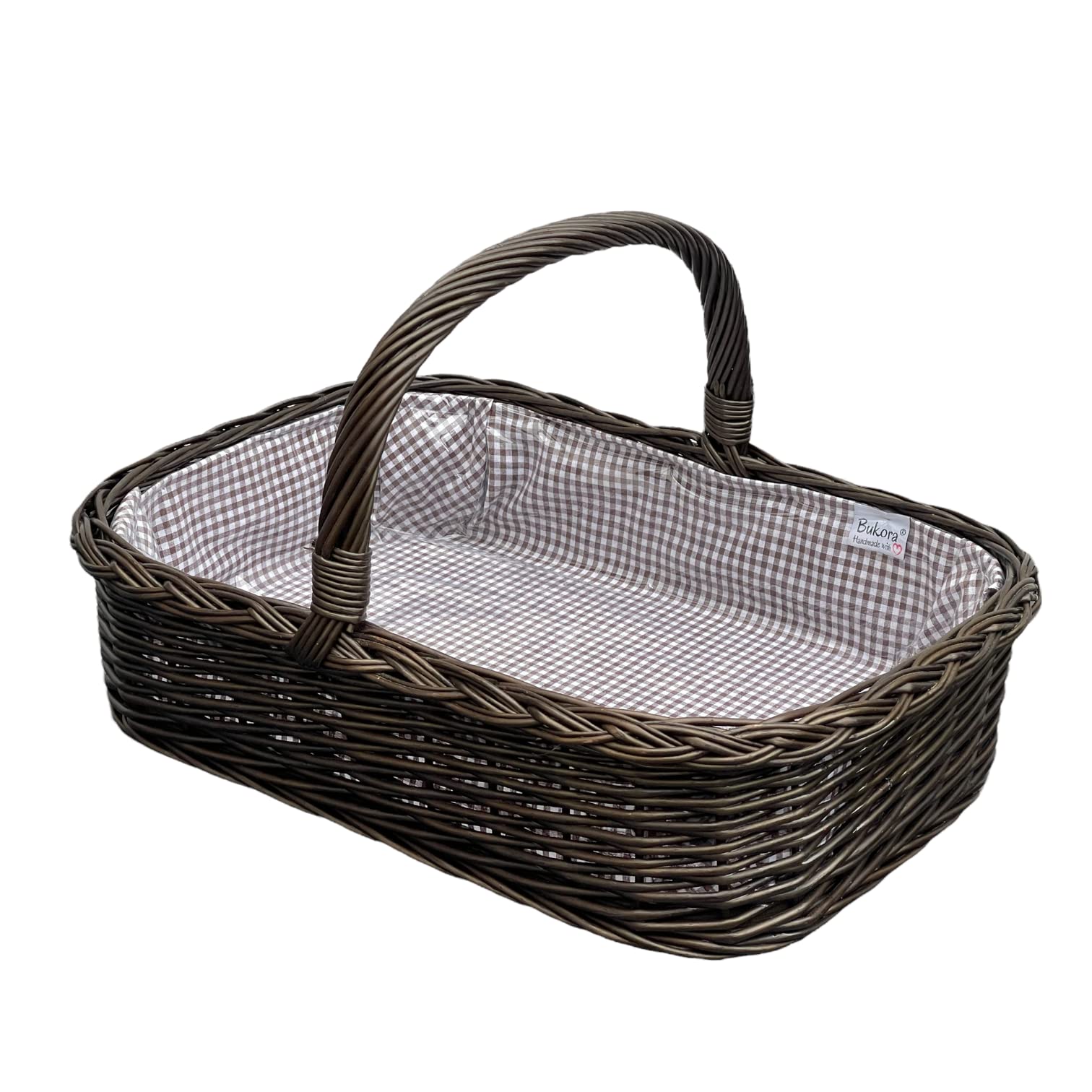 Bukora® Basket tray in brown stained willow with lining. Brown finely checked