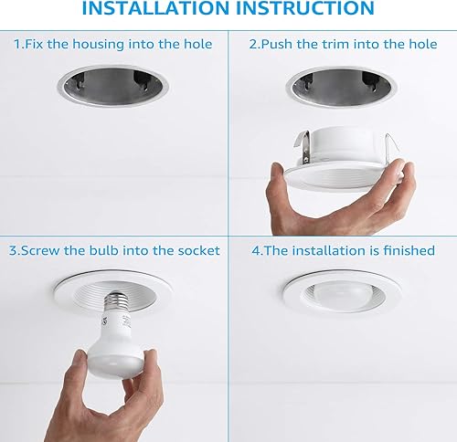 Miniatura 6 de TORCHSTAR Paquete de 12 luces empotrables clásicas blancas de 4 pulgadas, borde de luz de lata de metal, deflector de escalones con anillo, carcasa