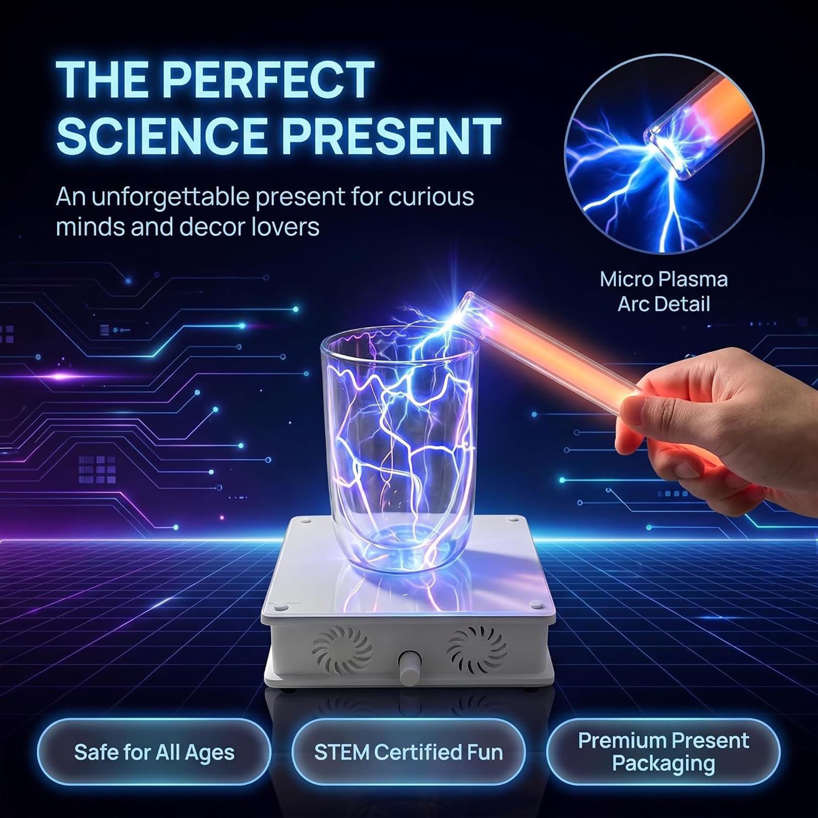Tazza Al Plasma con Bobina di Tesla,tazza Luminosa Attivabile Al Tocco, Tazza di Vetro con Effetto Fulmine Elettrico, Sensibile Al Tocco con Base Eccitatrice,per Bevande,fantastico Gadget Scientifico