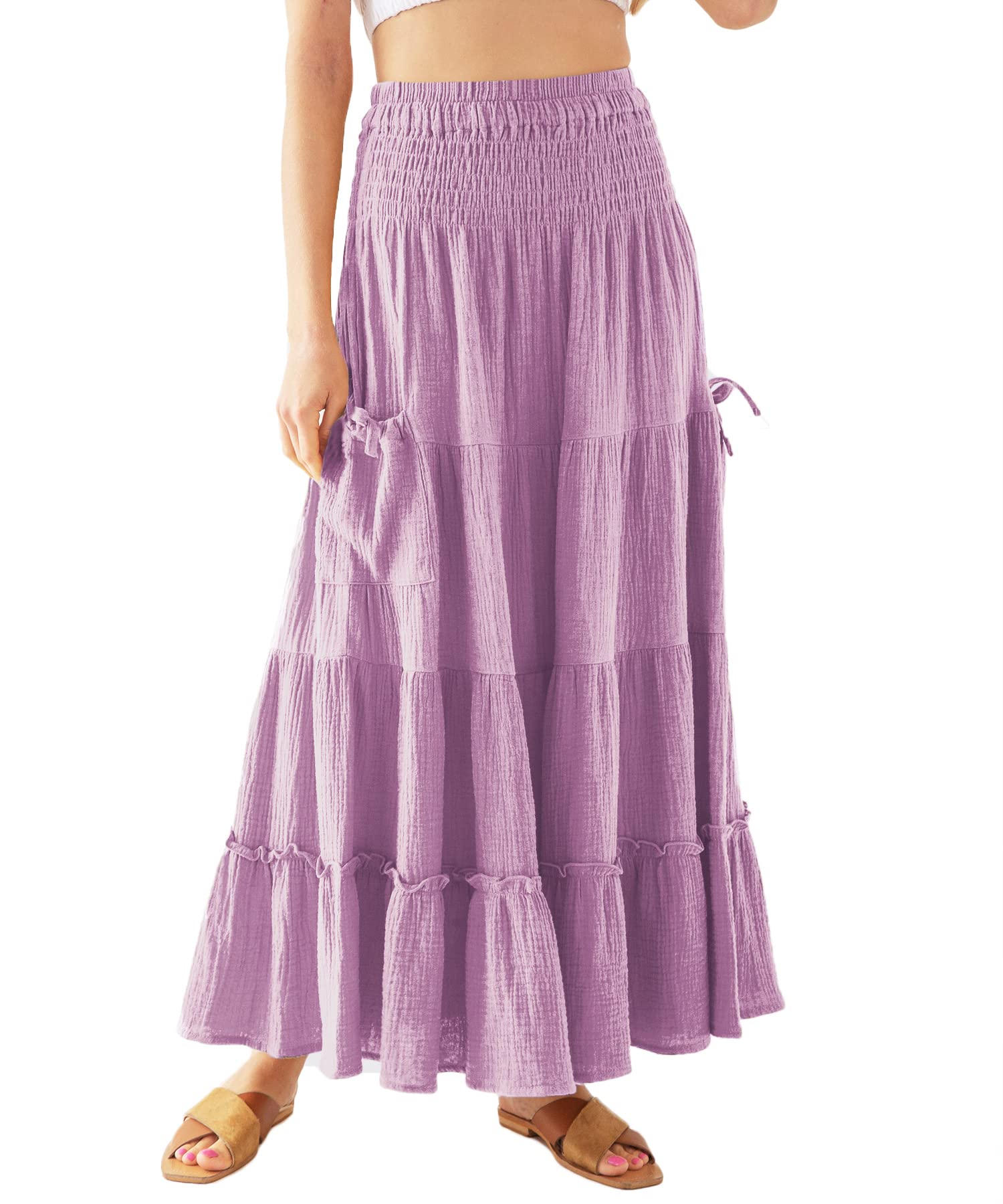 Amazhiyu Womens Maxi Boho Skirt Summer Flowy Renaissance Skirt with Pockets