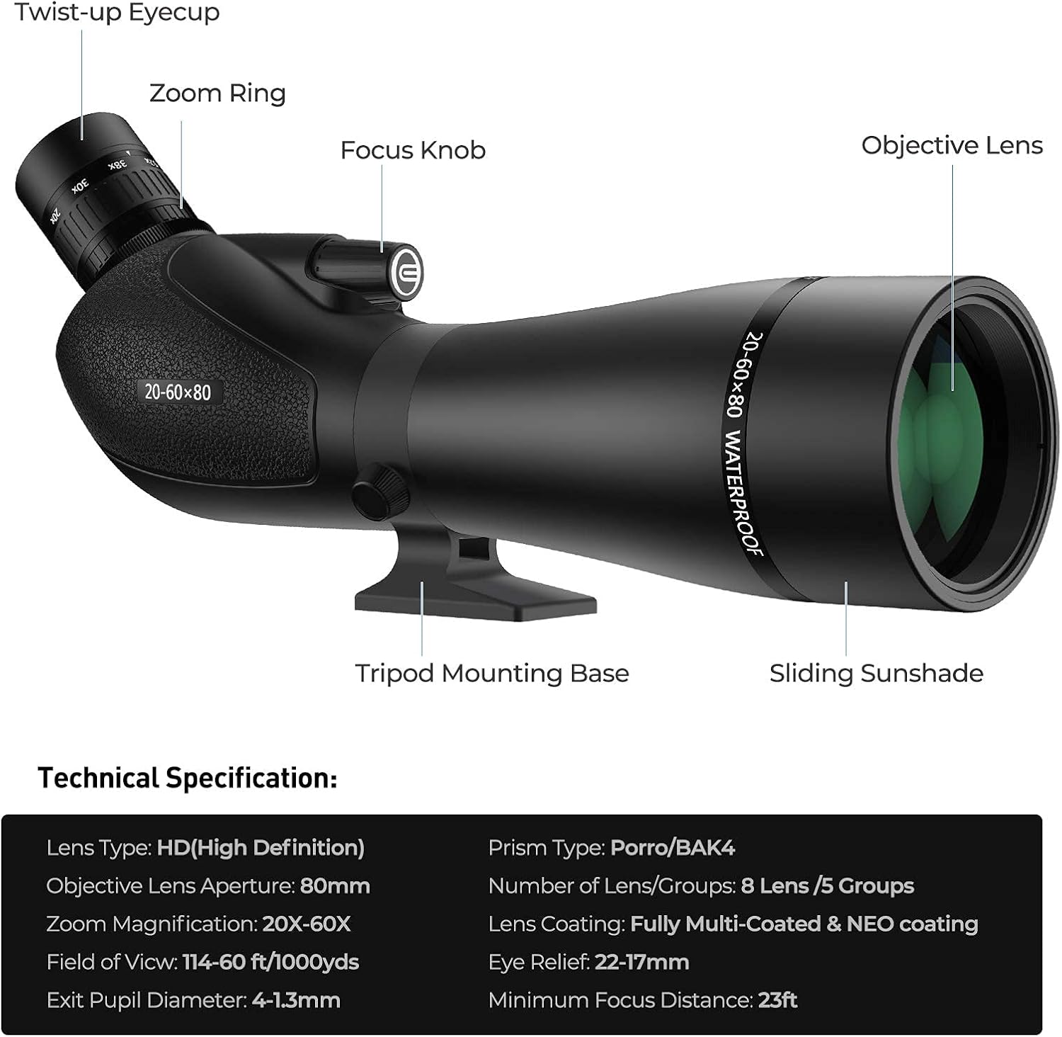 Discount 90% EACONN 20-60x80 HD Spotting Scope -BAK4 Prism, IPX7 Waterproof FogProof Spotting Scopes for Target Shooting, Hunting, Bird Watching-with Tripod, Carrying Bag and Phone Adapter