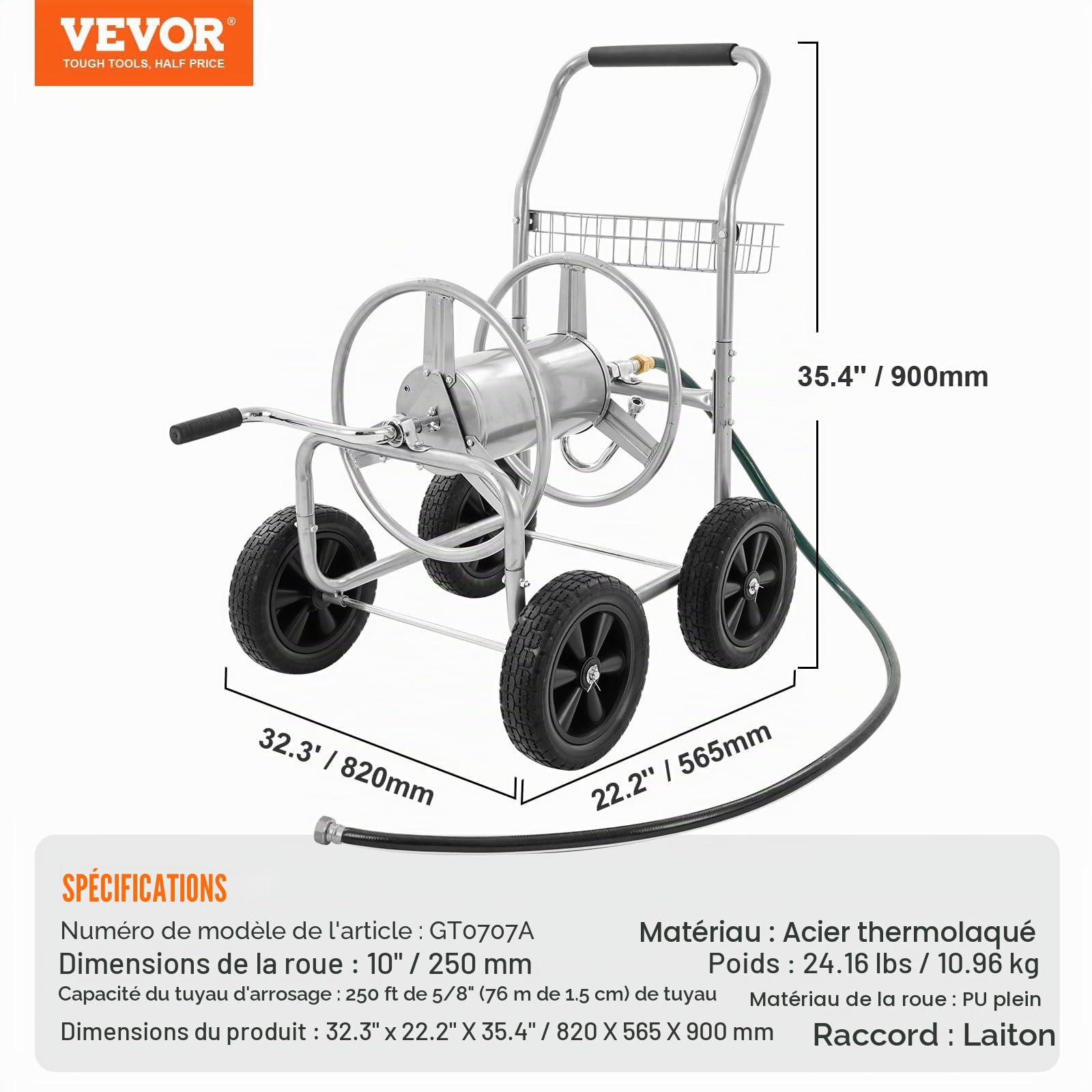 VEVOR Chariot enrouleur de tuyau, capacité du tuyau d'eau 1,5 cm et 76 m, outils mobiles avec 4 roues, plantation extérieure acier revêtement en poudre panier de rangement, pour jardin, cour, pelouse