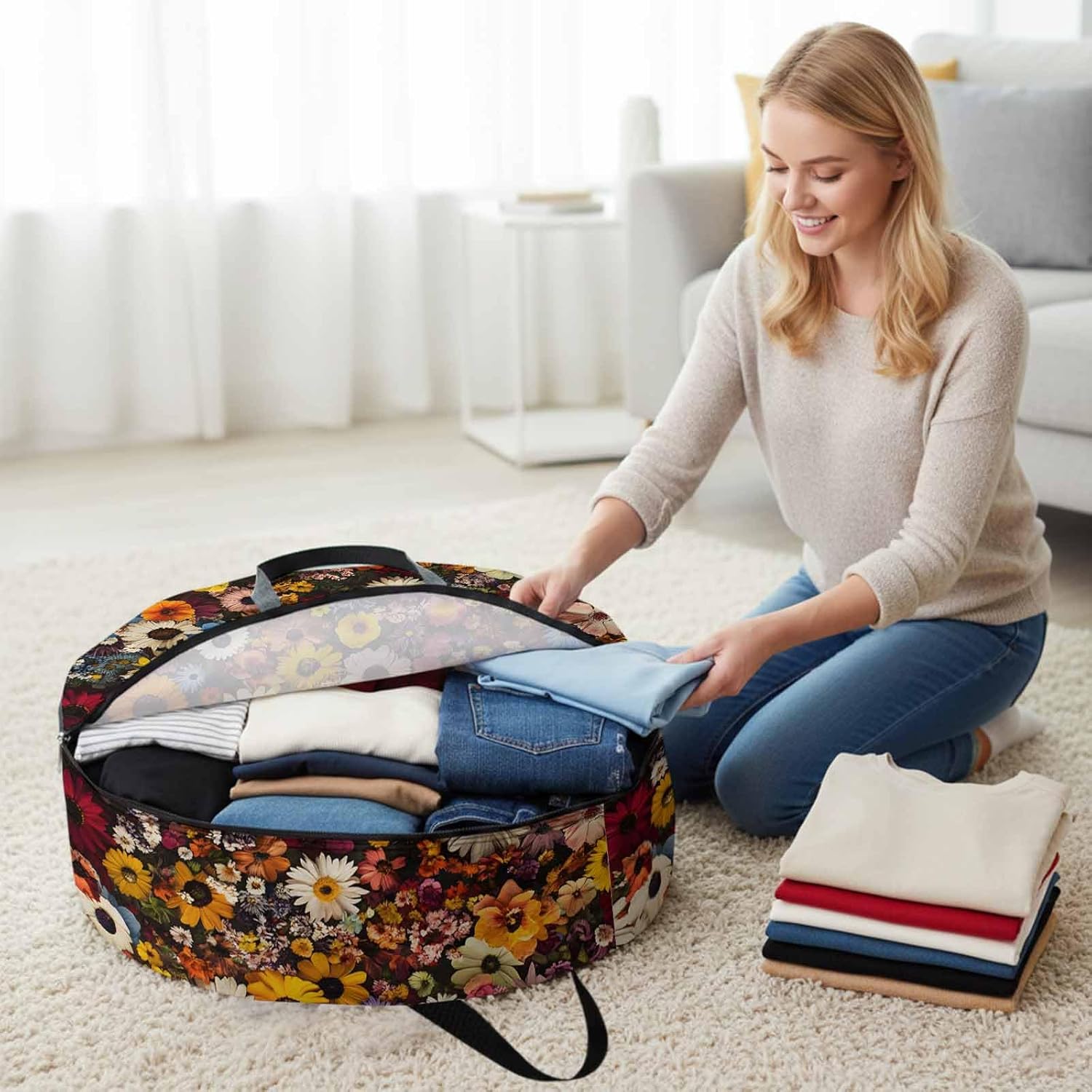 Retro Spring Flowers Round Storage Bag 36 Inch, Pastoral Floral Clothes Storage Container with Handles Heavy Duty Organizer for Comforter, Bedding & Holiday Wreaths