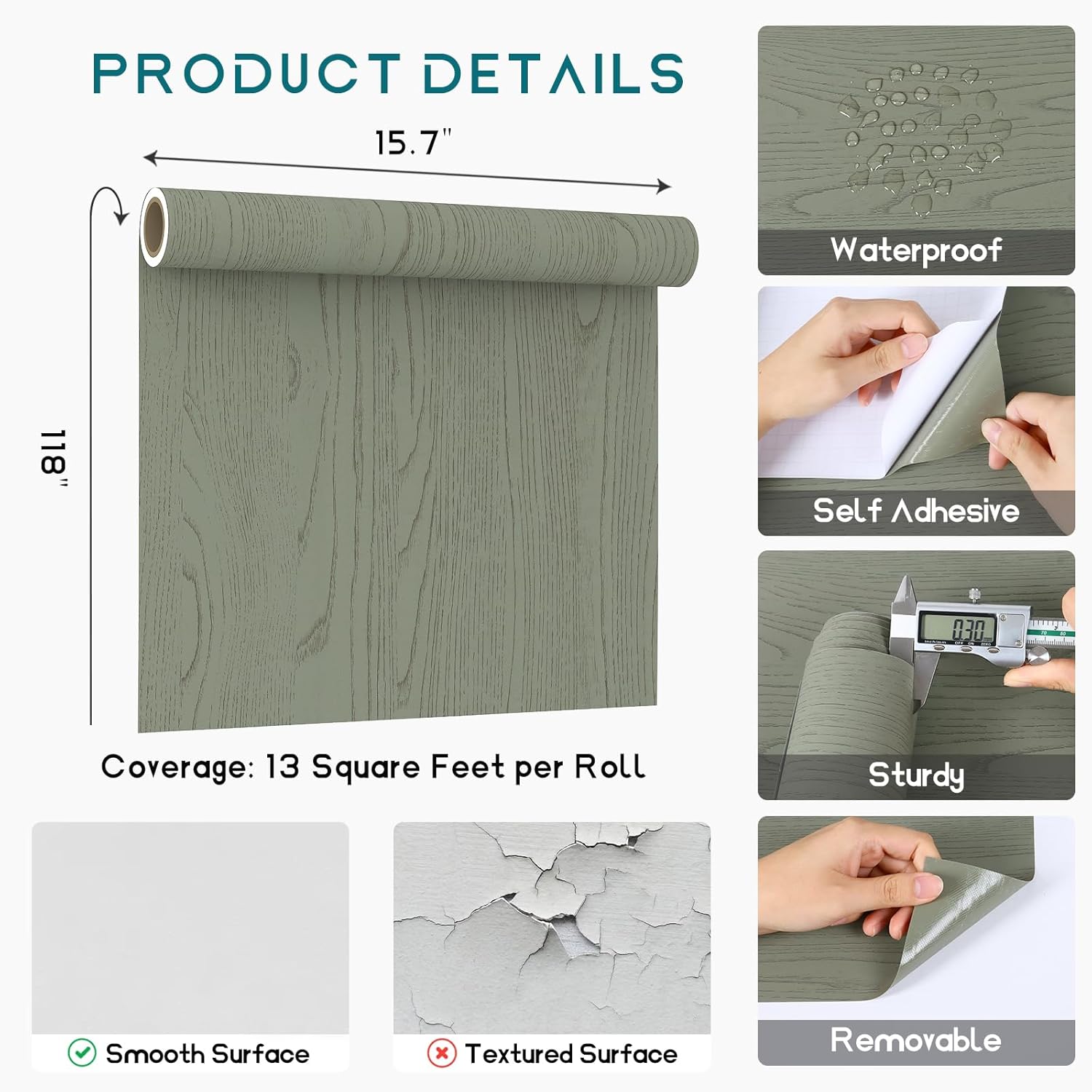 VEELIKE Wood Contact Paper Peel and Stick Waterproof Green Wood Grain Contact Paper for Countertops 15.7''x118'' Thick Vinyl Countertop Wrap Self Adhesive Green Wallpaper for Kitchen Cabinets Table