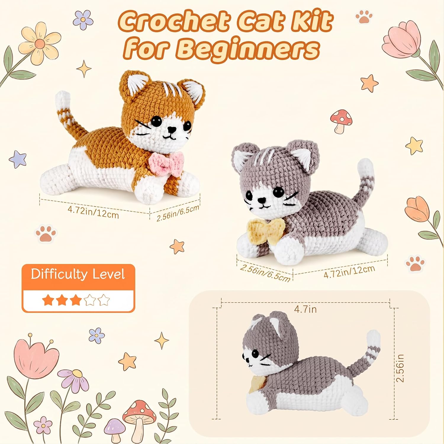 Crochet Kit for Beginners, Cat Amigurumi Animal Set with Video Tutorials