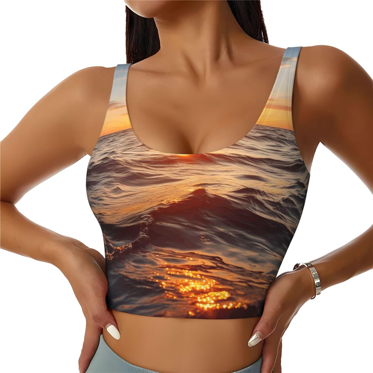 Ocean Wave Sunset Print Sports Bras for Women Funny Yoga Crop Tank Tops for Exercise Running Cycling Gym