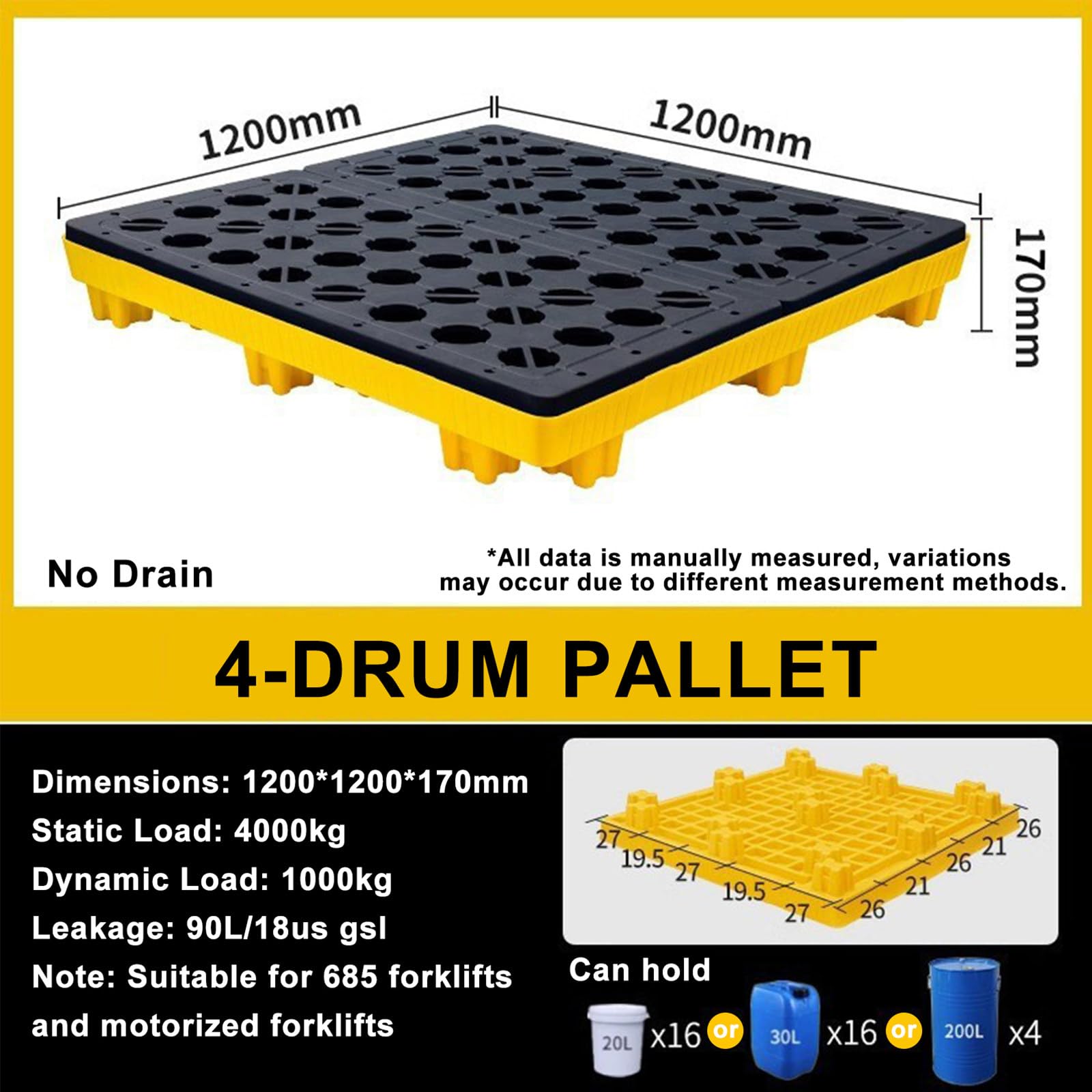 Przemysłowa paleta bębnowa wodoodporna plastikowa platforma z kieszeniami odpływowymi i dostępem do wózka widłowego idealna do zarządzania wyciekami 120 cm x 80 cm wytrzymała konstrukcja.