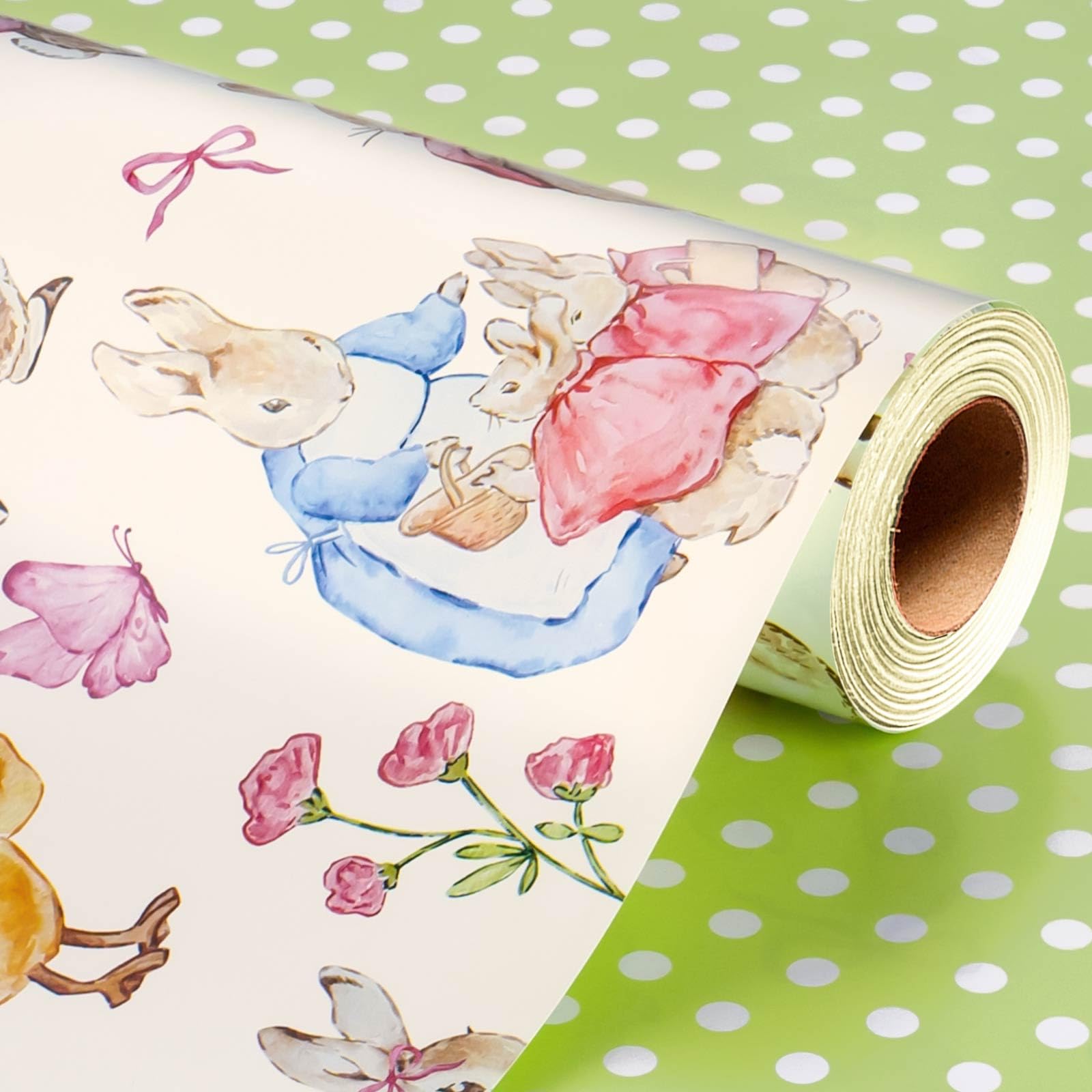 Wikadlik Beidseitiges Oster-Geschenkpapier - Niedliches Osterhasen-Schleifen und Blumen Design für Ostern, Geburtstage & Baby-Shower - 43 cm x 10 m Rolle