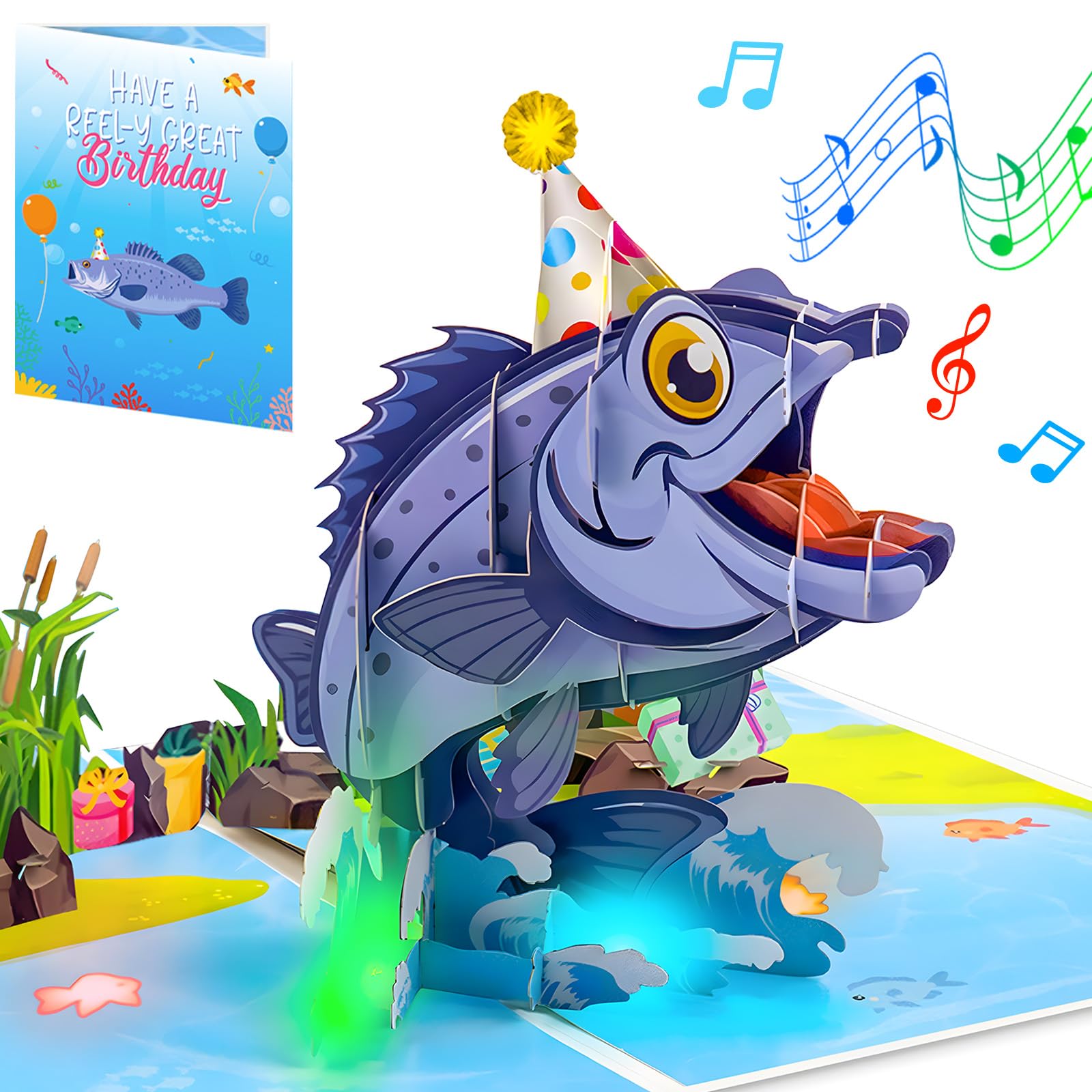 mountova Musical Pop-Up Birthday Card for Him, Funny 3D Jumping Fish, Happy Birthday Song Greeting Card with Lights, Birthday Gift for Men, Children, Father, Husband, Grandpa, Angler