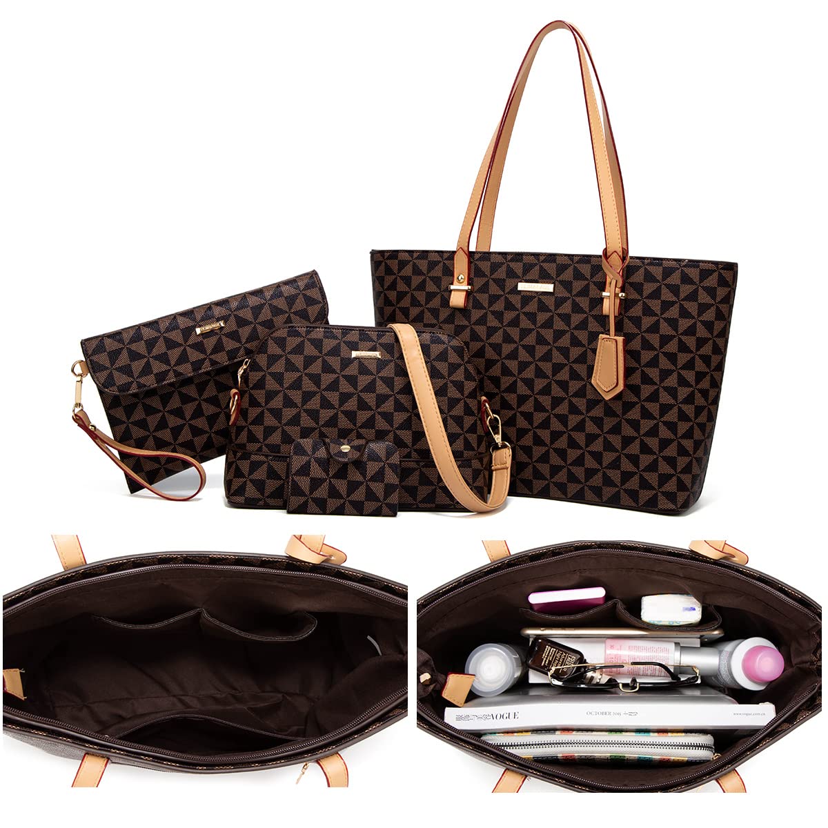 Women Fashion Synthetic Leather Handbags Tote Bag Shoulder Bag Top Handle Satchel Purse Set 4pcs