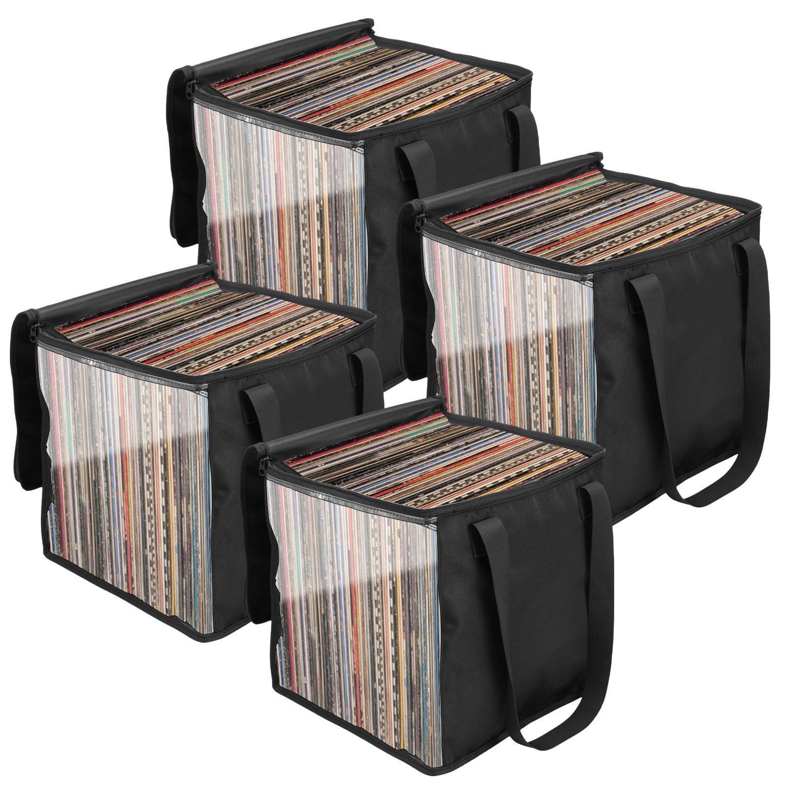 BUTORY 4 Pcs Vinyl Record Storage Box 12in Clear Stackable & Collapsible CD Protective Vinyl Record Case with Lid and Handle for Store Concert Music Event Traveling, 12.4 * 11.61 * 12.4inch