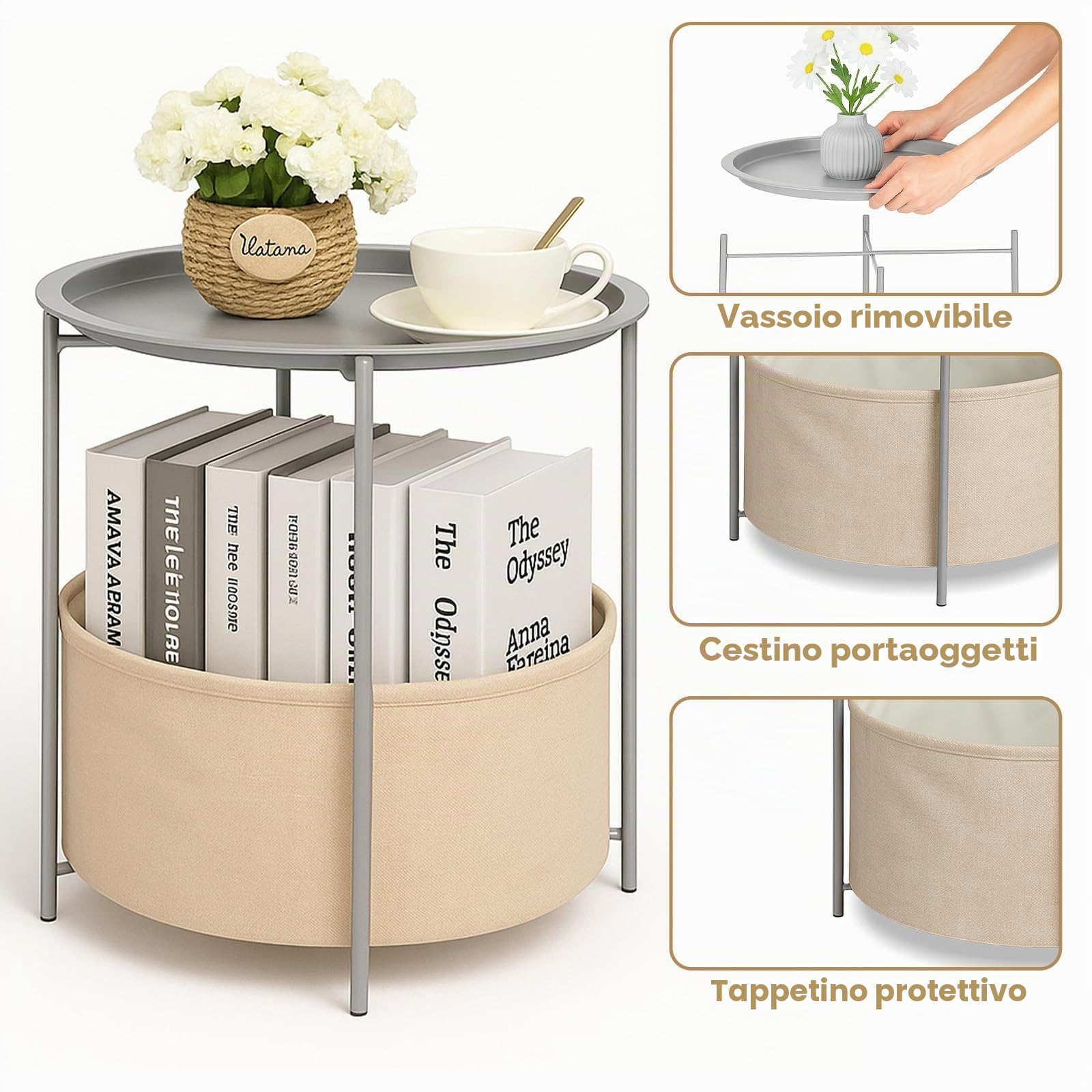 Rinkgarden Tavolino laterale rotondo con cesto in tessuto, moderno e robusto, tavolino terminale in metallo per soggiorno, camera da letto, comodino, cameretta, lavanderia o balcone (grigio + beige)