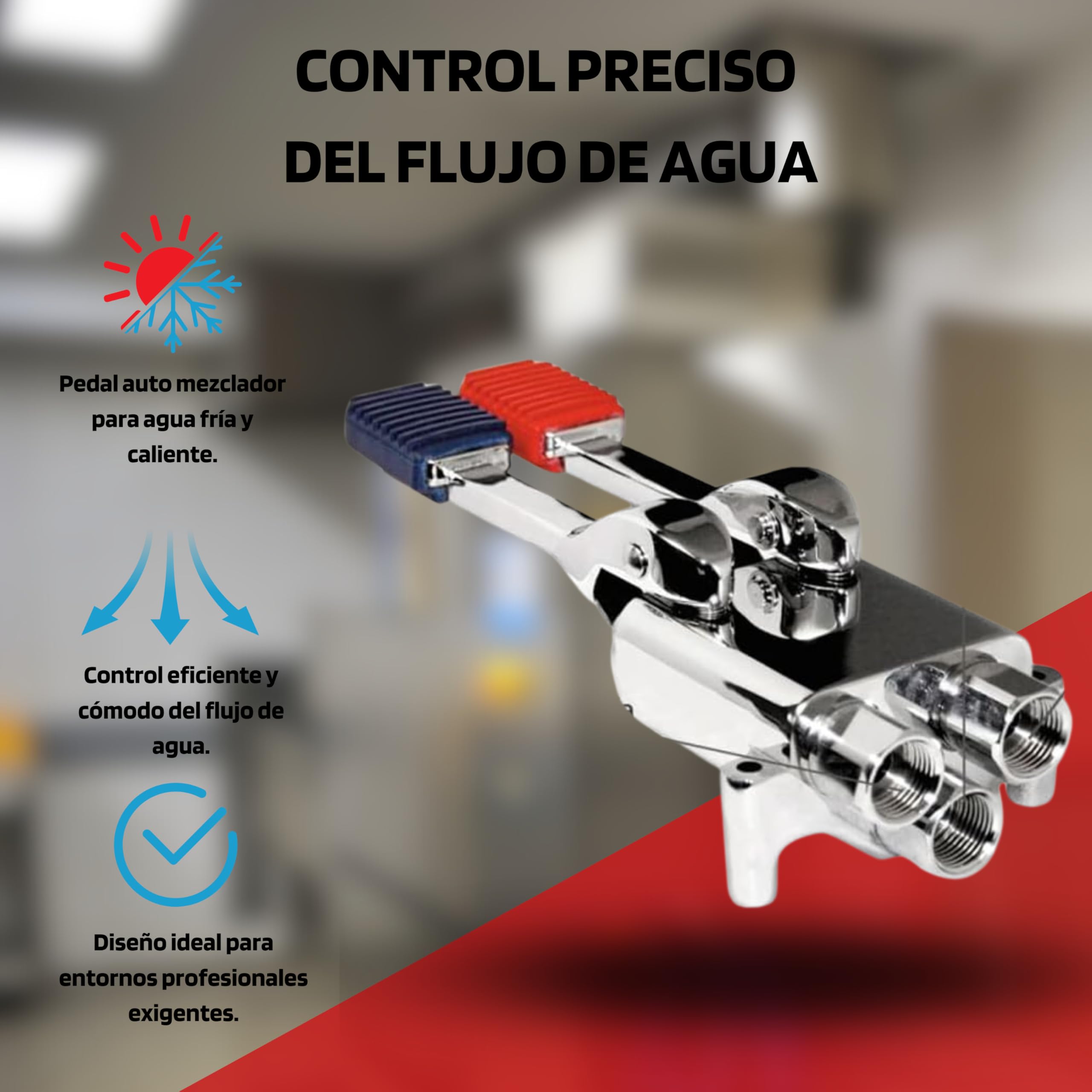 KIT Completo Grifo De Pedal 2 Aguas - Grifo Cocina Industrial Con Pedal Auto Mezclador Agua Fría Y Caliente, Con Flexo Latiguillo, Caño Alto Con Difusor De Agua Y Base De Fijación, Uso En Hostelería Y