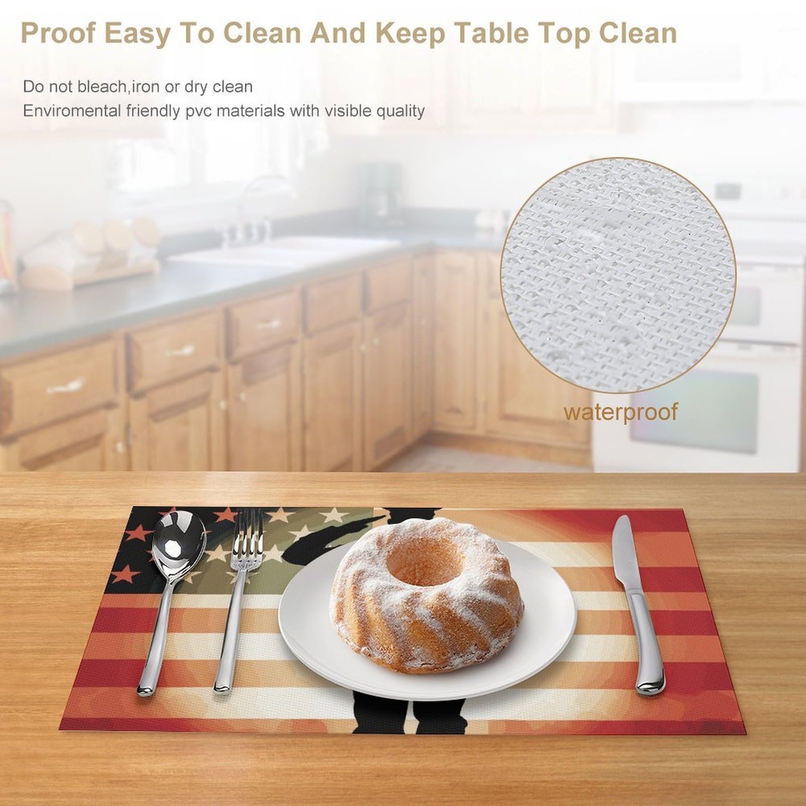 Soldier Saluting America Flag Tovagliette all'americana 6 tovagliette in PVC, lavabili, resistenti al calore, antiscivolo, impermeabili, set di tovagliette per interni ed esterni, tavolo da pranzo in