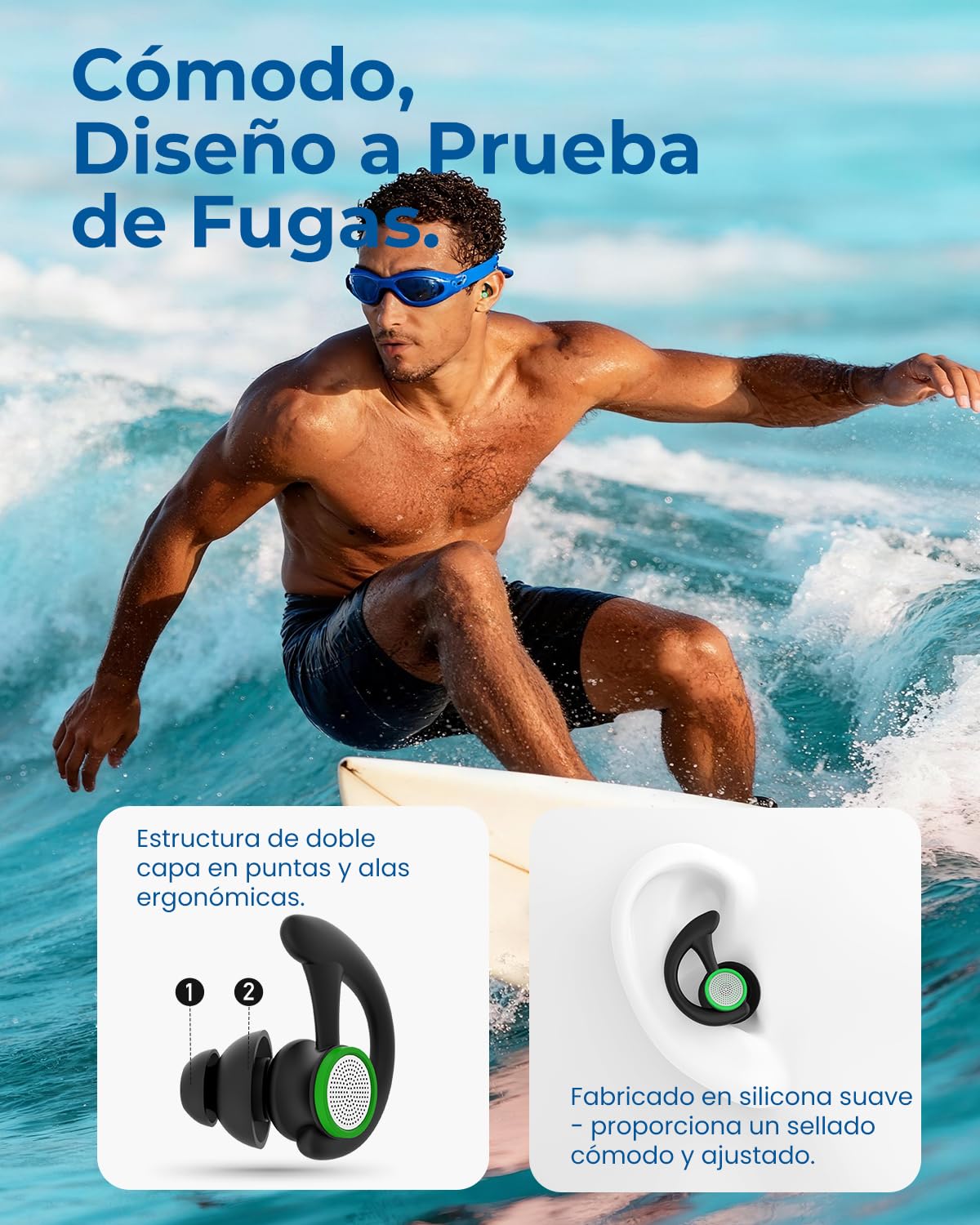 Hearprotek Tapones para los oídos para nadar, 2 pares, reutilizables, a medida, adultos, Negro