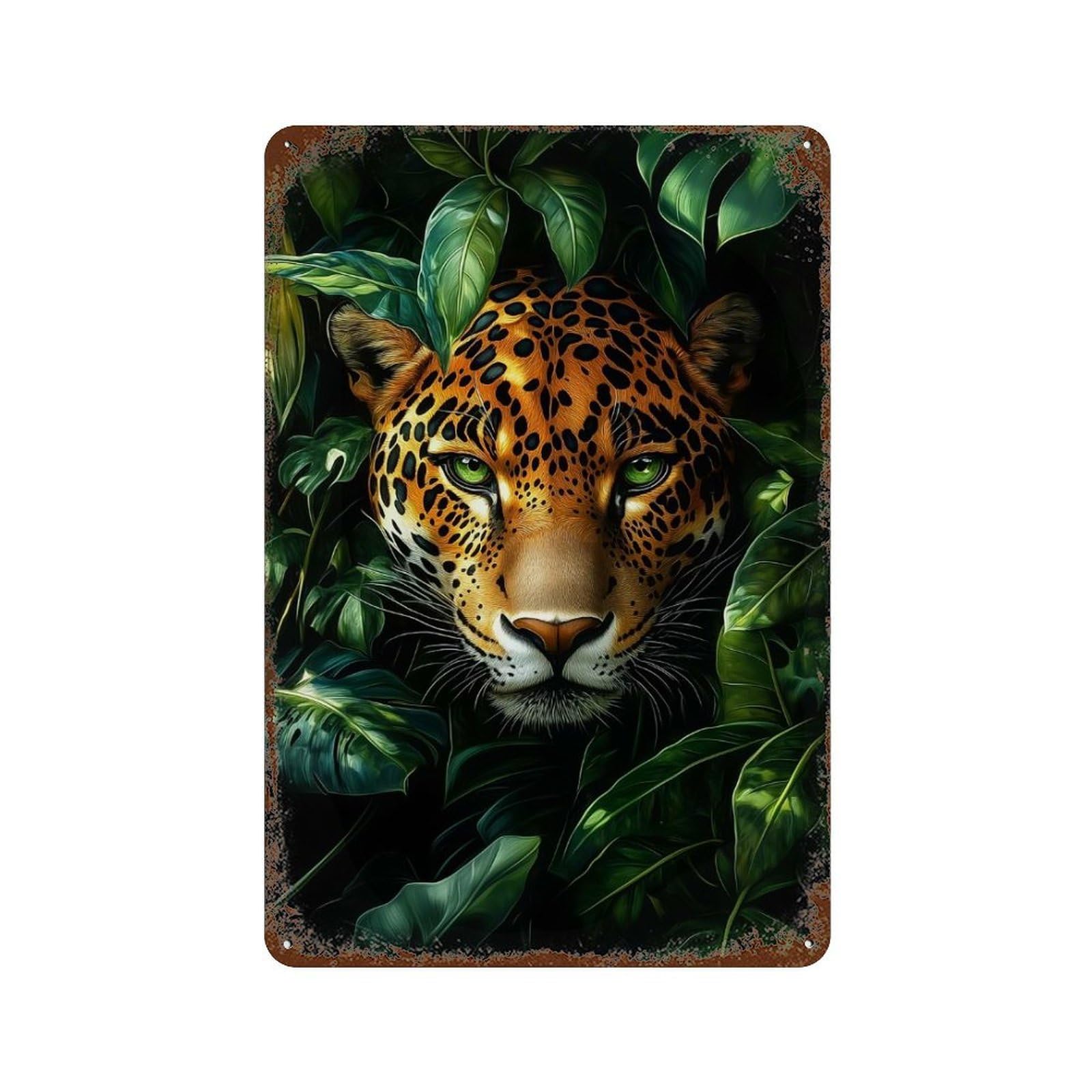 Jaguar Portrait in Jungle Rustic Tin Plaque 11.8"x7.9", Classic Wall Plaque for Garage, Pub Or Kitchen