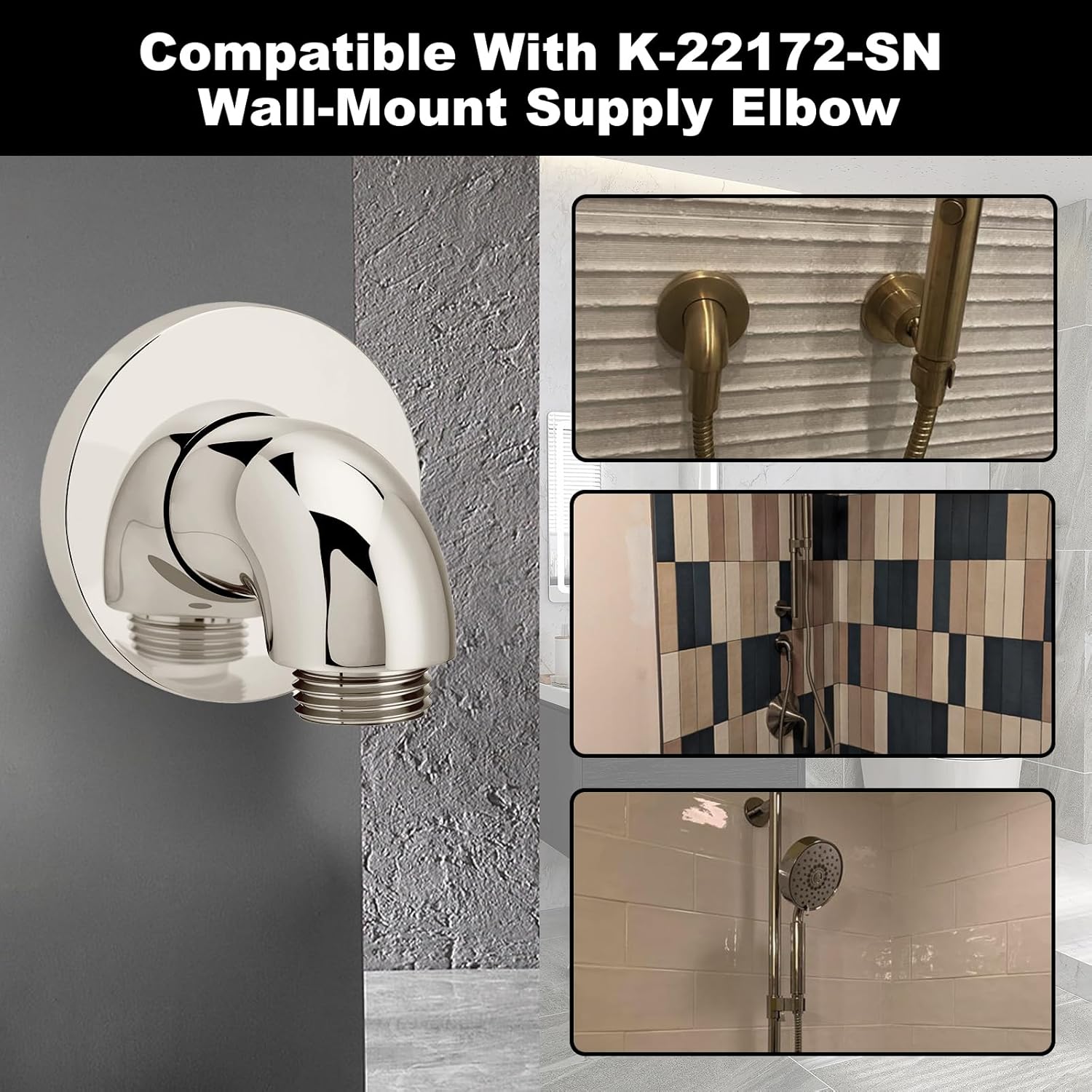 K-22172-SN Wall-Mount Shower Supply Elbow with Check Valve - 1/2" NPT Connection, Brass Construction, Polished Nickel Finish for Handheld Shower Head Hose, Backflow Prevention Bathroom Fitting