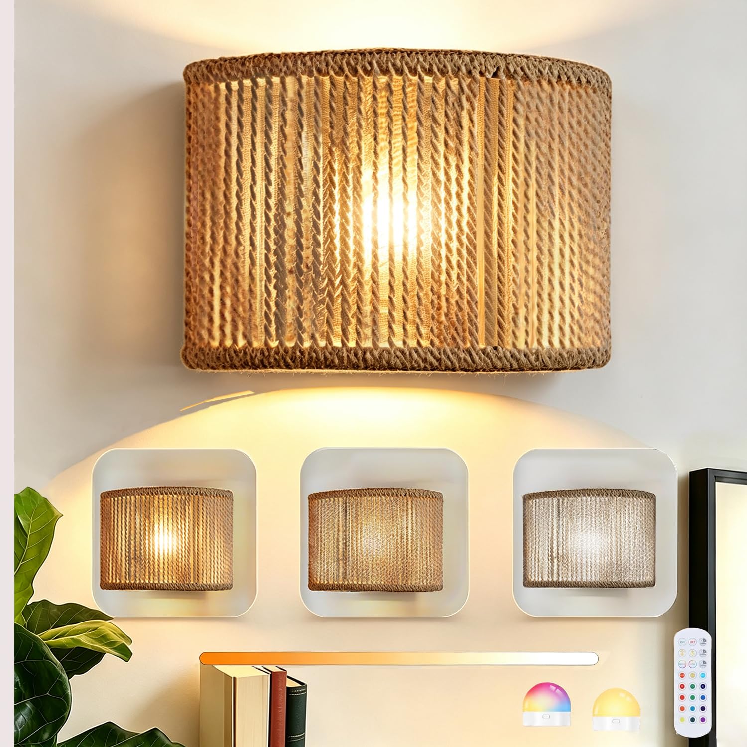 E27 Applique Murale RVB Dimmable Lampe Murale avec Télécommande Corde Chanvre Rotin Bohème Lampe Murale Intérieure Éclairage Mural Retro Luminaires Intérieur pour Salon Chambre Couloir Salon
