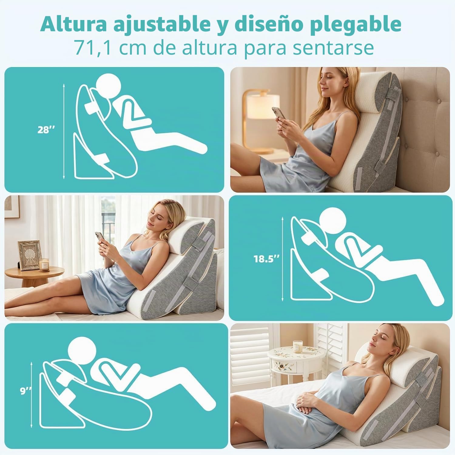 Juego de almohadas de cuña para cama, 3 piezas ajustables, espuma para recuperación postoperatoria, alivio del reflujo ácido y apoyo del dolor de espalda, cojín inclinado ergonómico para