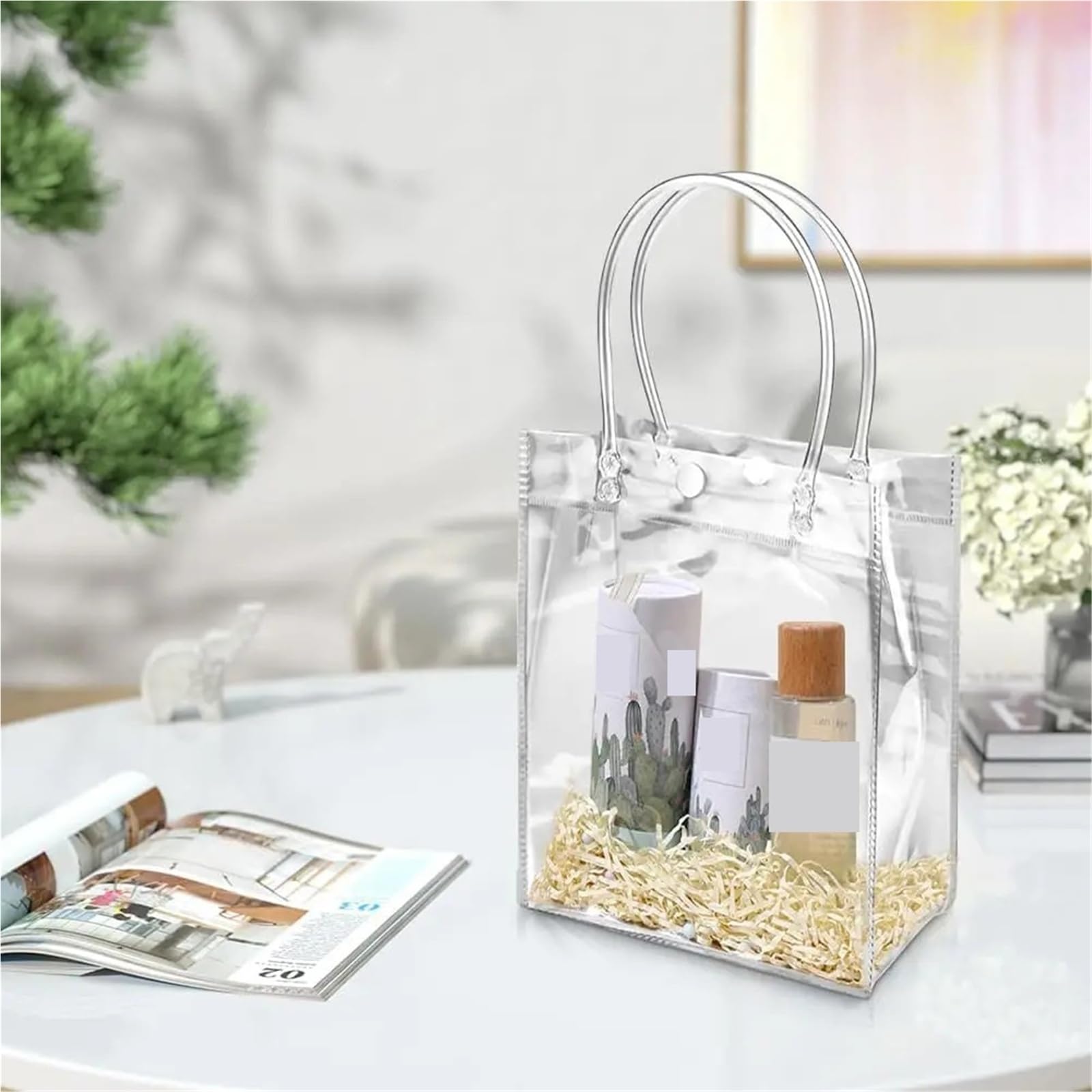 Geschenktüten 10/20 Stück transparente Geschenktüten aus weichem PVC | Mit Knopfhandschlaufe durchsichtige Plastikhandtaschen-Kosmetiktasche for Hochzeitsfeier(30x10x30cm,20pcs)