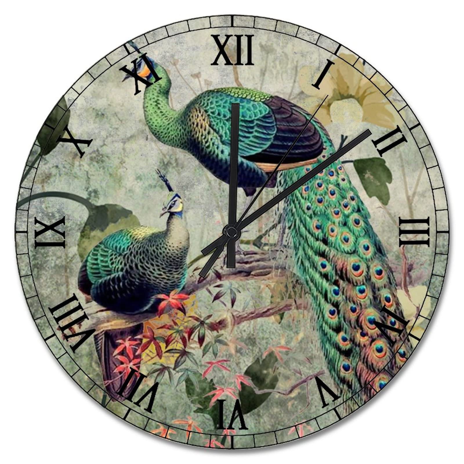 Horloge murale paon vintage de 38 cm fleurie et silencieuse
