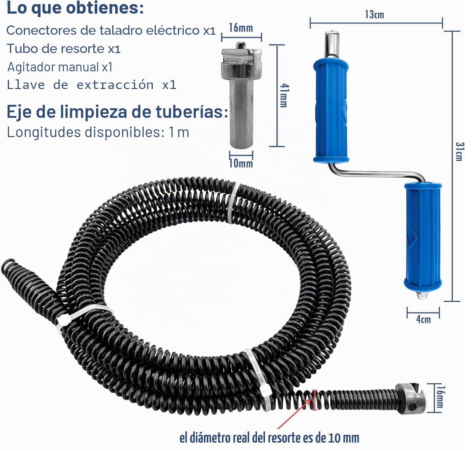 Para limpieza de tuberías 5m,10mm de diámetro sirga desatascar tuberias,con adaptadores eléctricos y manuales (5m)