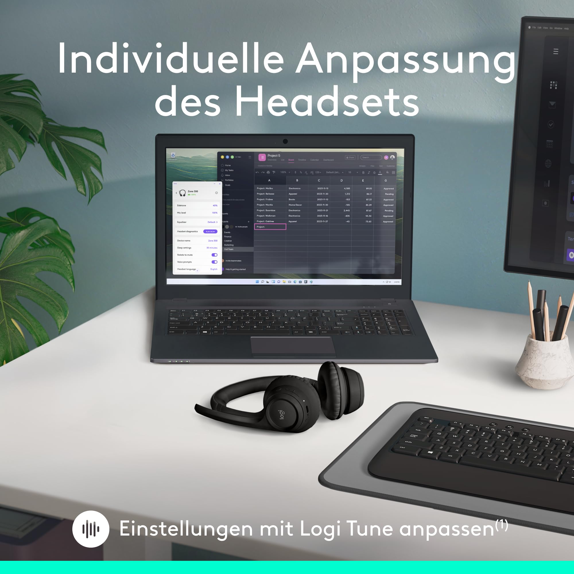 Logitech Zone 300 Wireless Bluetooth Headset mit Mikrofon inkl. Geräuschunterdrückung, kompatibel mit Windows, Mac, Chrome, Linux, iOS, iPadOS, Android - Schwarz