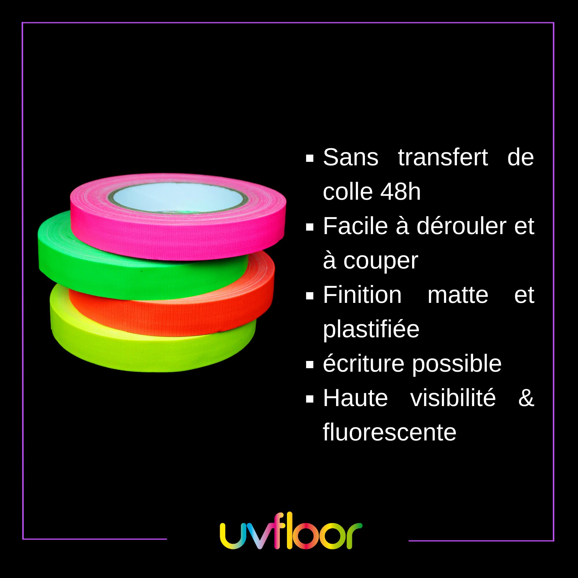 UV FLOOR - Pack Adhésif Fluo - Gaffer Qualité Premium - Accessoire Fluorescent - Fête - Bande Adhésive Décorative - Lot de 4-1,9cm x 25 m soit 100m