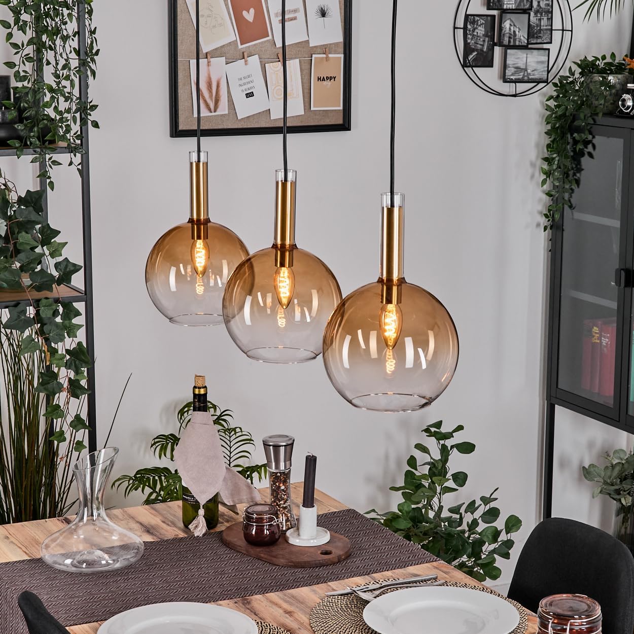 HOFSTEIN Grovsta Pendant Light 3-Bulb Pendant Lamp Made of Metal/Glass in Black/Gold/Amber/Clear Retro/Vintage Design Diameter 20 cm E14 Pendant Light Adjustable 152 cm Dining Room Living