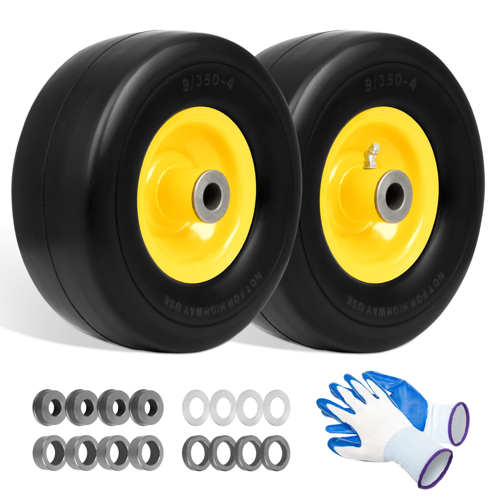 budrash9x3.50-4" Flat Free Tires, Lawn Mower Wheels Fits for King Kutter Finish/Zero-Turn Mower/Tractors/Wheelbarrows/Garden Carts, 3/4" or 5/8" Bushing, 3.4"-4''-4.5''-5" Centered Hub, 2 Pack
