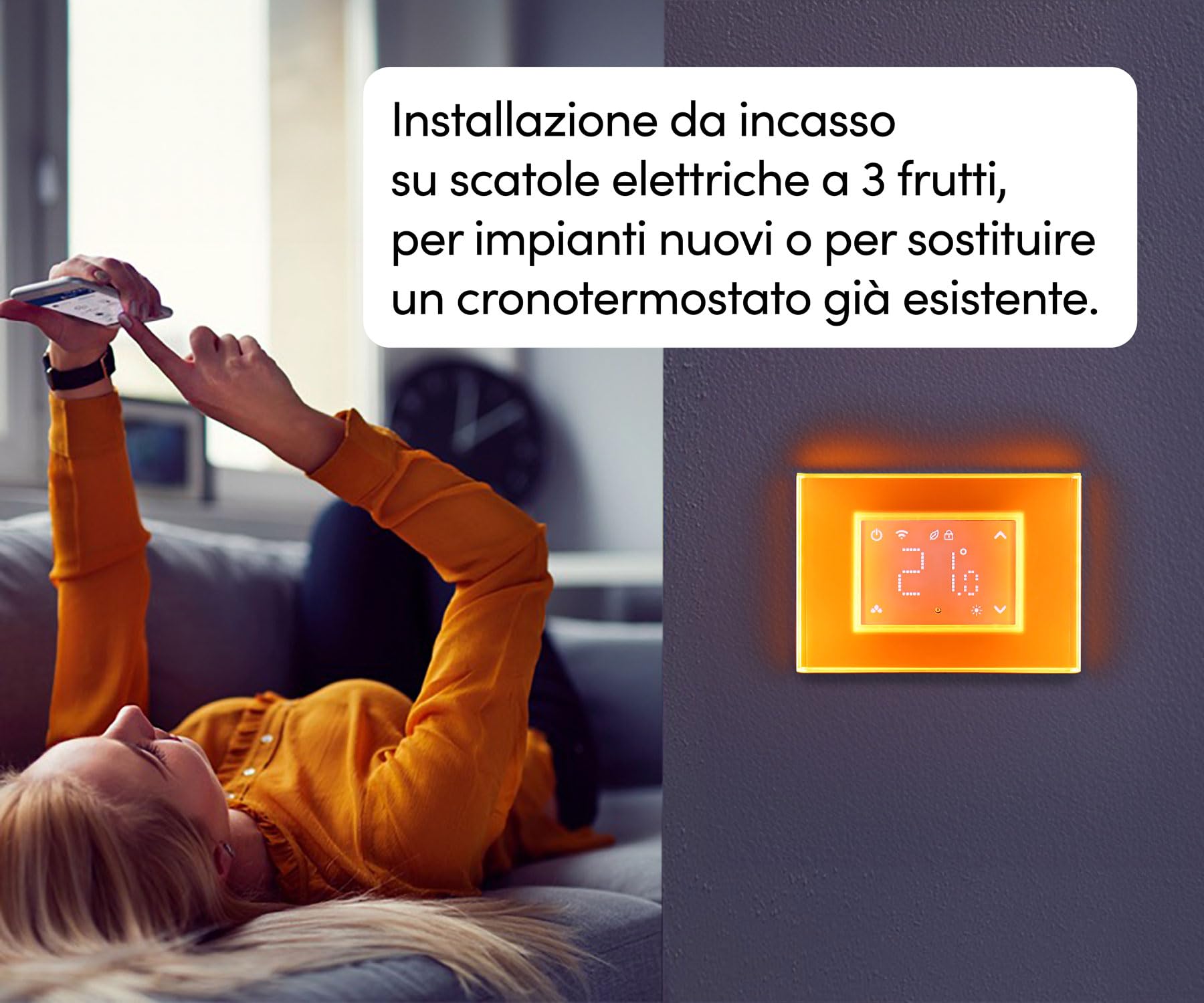Beghelli - Cronotermostato Smart Dom-e con Display Touch e Placca Luminosa, Compatibile con Amazon Alexa e Google Assistant tramite App, Condizionamento/Riscaldamento, Luce Emergenza, Batteria Inclusa