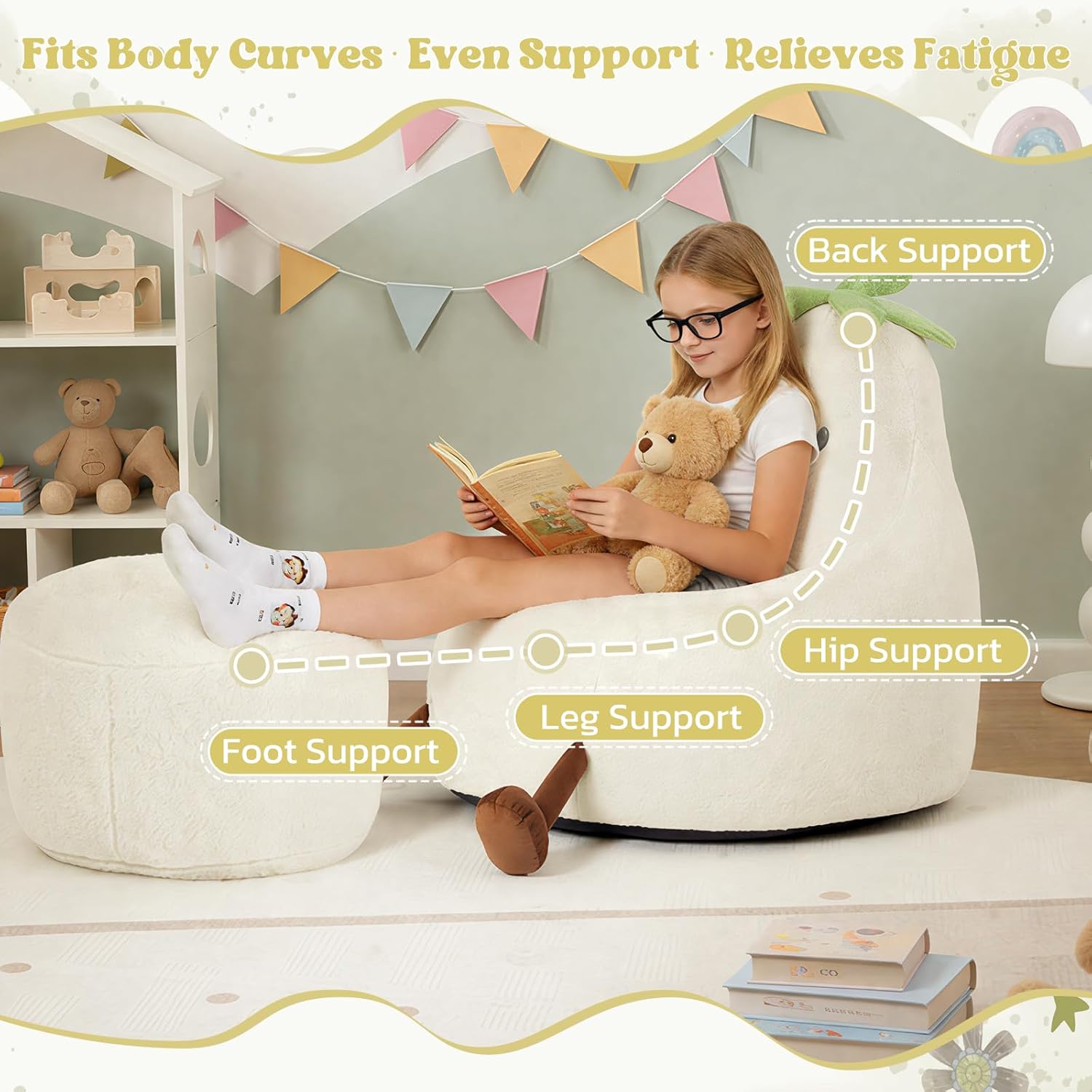 31 Inches Memory Foam Bean Bag Chair - Ultra Soft Faux Rabbit Fur Round Sofa with Handle & Machine Washable Cover, Eggplant-Shaped Kids Reading Chair for Bedroom, Living Room and Playroom, Beige