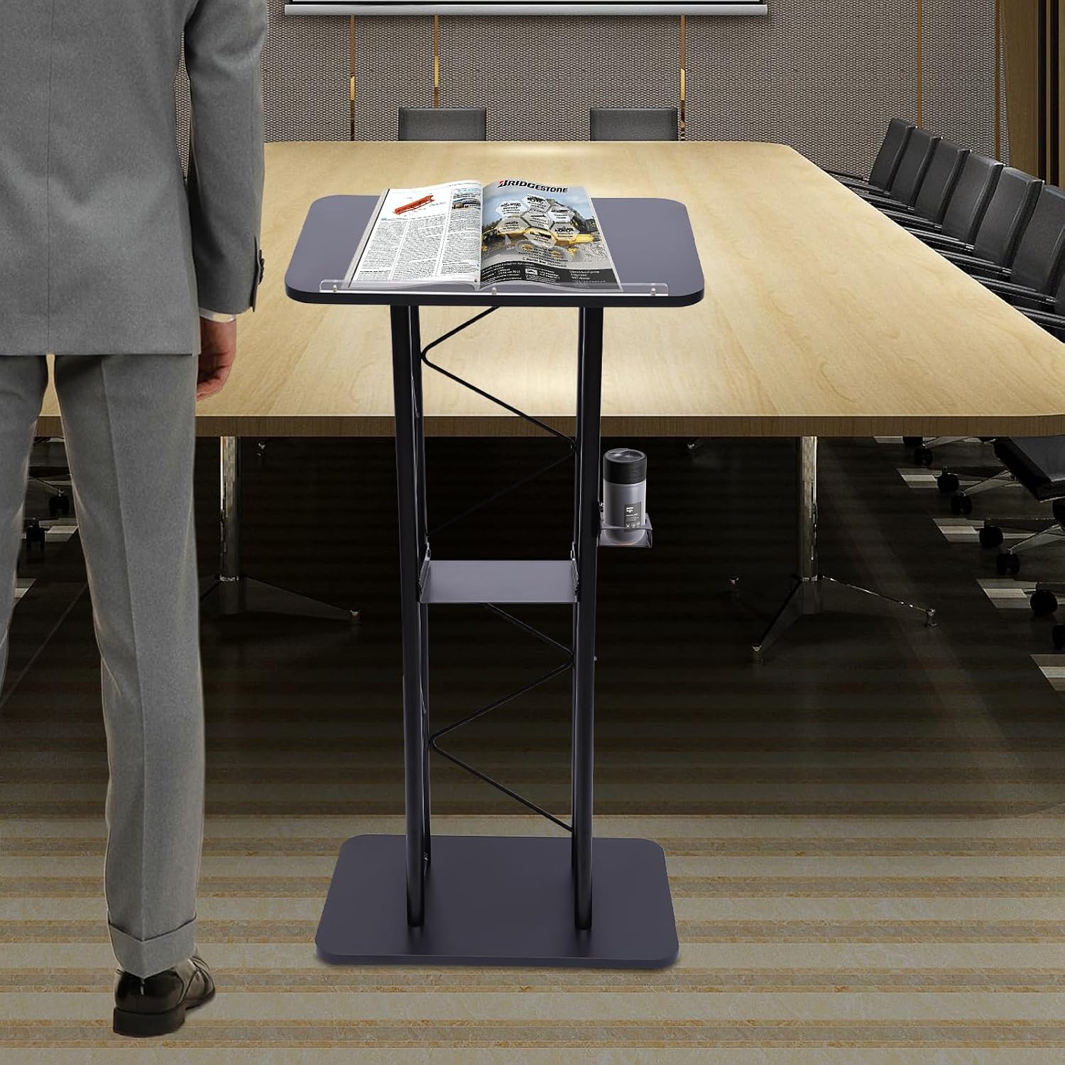 Iron Curved Podium with Cup Holder, 47Inch Lectern Stand for School Conference Room Stage Churche Classroom Seminars Restaurants, Elegant Design, Black