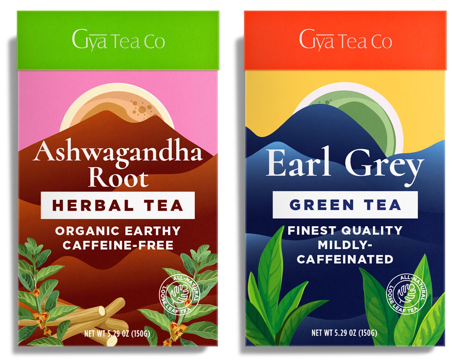 Gya Tea CoAshwagandha Root Herbal Tea & Earl Grey Green Tea Set - Natural Loose Leaf Tea with No Artificial Ingredients - Brew As Hot Or Iced Tea