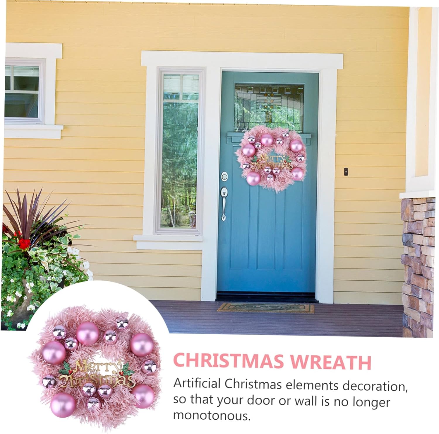 Christmas Wreath Pendant Pink with Ornaments Festive Hanging Garland for Door Wall Decoration Indoor Outdoor Holiday Decor