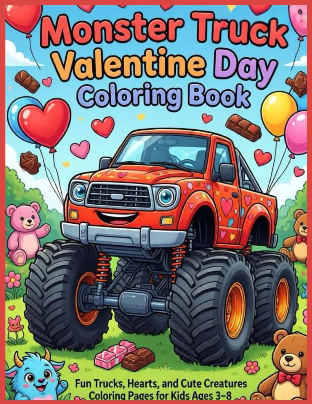 Monster Truck Valentine Day Coloring Book: Fun Trucks, Hearts, and Cute Creatures Coloring Pages for Kids Ages 3–8