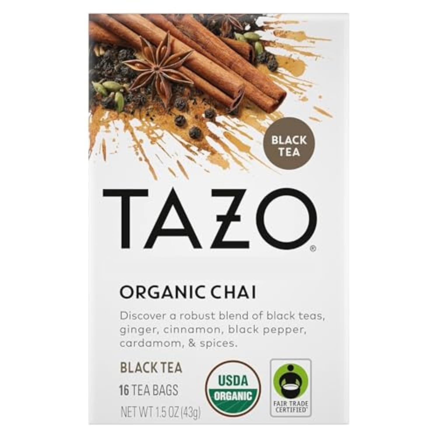 TAZO Tea, Organic Chai Black Tea Bags, 16 Total Tea Bags Chai Black Tea 16 Count (Pack of 1)