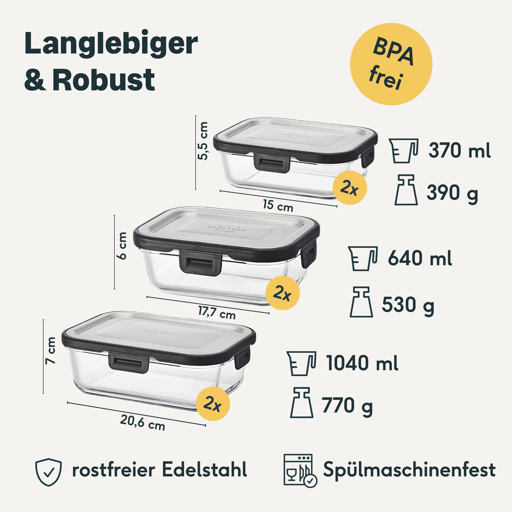 SILBERTHAL Frischhaltedosen Glas 6er Set mit Edelstahl Deckel - Luftdicht für Meal Prep - Lunch Box für unterwegs, Office, Camping - Spülmaschinen & Backofenfest