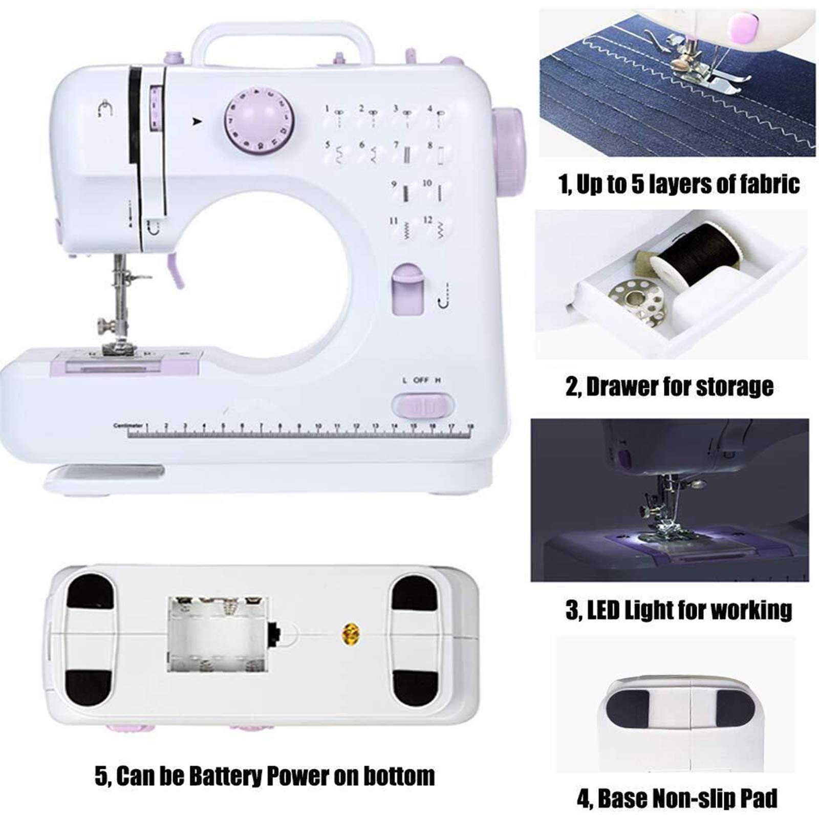 Máquina de coser portátil, 12 puntadas, 2 velocidades, mini máquina de bordar eléctrica Overlocker con luz LED y pedal, herramienta de costura doméstica para principiantes