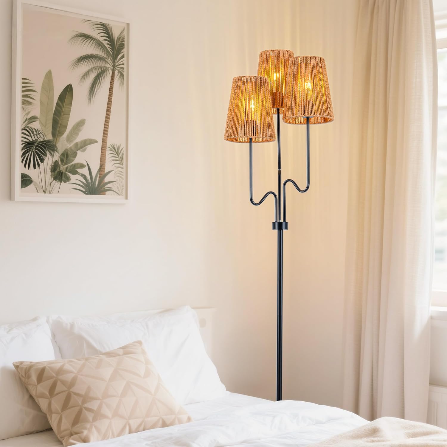 MAYNA Bohemian Floor Lamp, 68 in. Rattan Floor Lamp with Rattan Shade, 3-Light Tree-Shaped Stand Lamp for Bedroom, Nursery, E26 Socket, Living Room(Black)