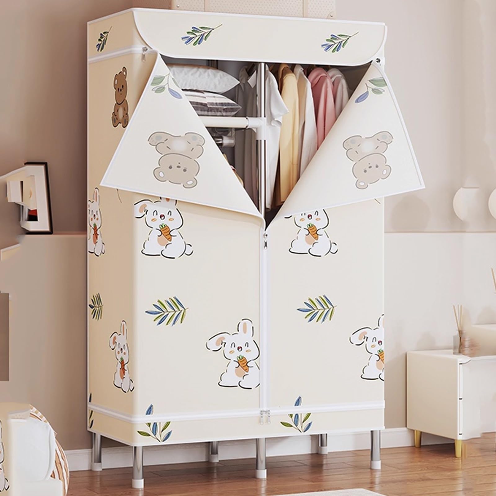 Kleiderschrank Stoff mit Kleiderstange Große Kapazität Camping Kleiderschrank Klappbar Klamotten Ständer mit Reißverschluss für Wohnheime und Wohnungen(Beige,68cm)