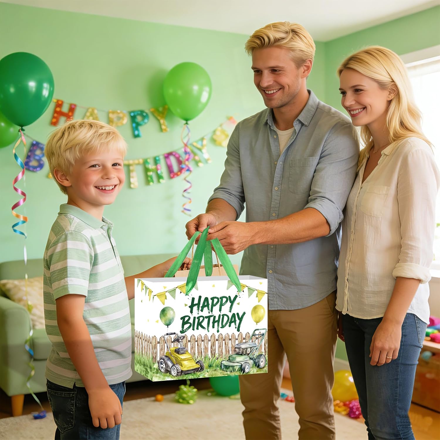 TagreSpike Lawn Mower Birthday Gift Bag for Boys with Tissue Paper & Card Green Tractor Yard Work Theme Gift Wrapping Bag - Cute Outdoor Landscaping Party Supplies for Toddler Son Grandson