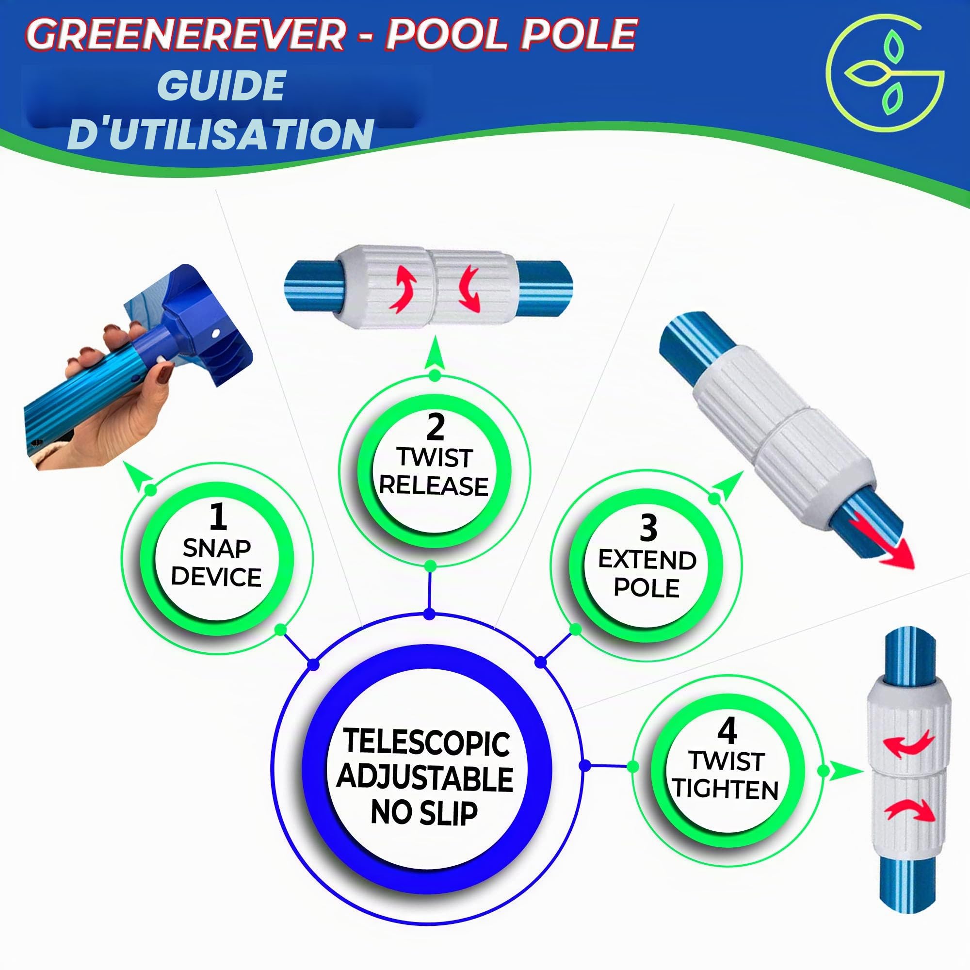 Perche de Piscine 270 cm en Aluminium pour Filets Skimmer Tige Télescopique Têtes d’Aspiration pour Tuyaux Râteaux Brosses | Longueur Réglable | 1,3 mm Perche Épaisse | Finition Bleue