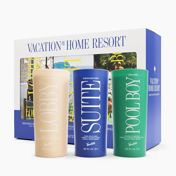 Vacation Sunscreen Home Resort Scented Candle Set, Premium Soy Blend Wax, 65-Hour Long Burning, Hotel Lobby Candle Holiday Gift Set of 3, Luxury Candle Gift Set for Women & Men, 8oz Each (Pack of 3)