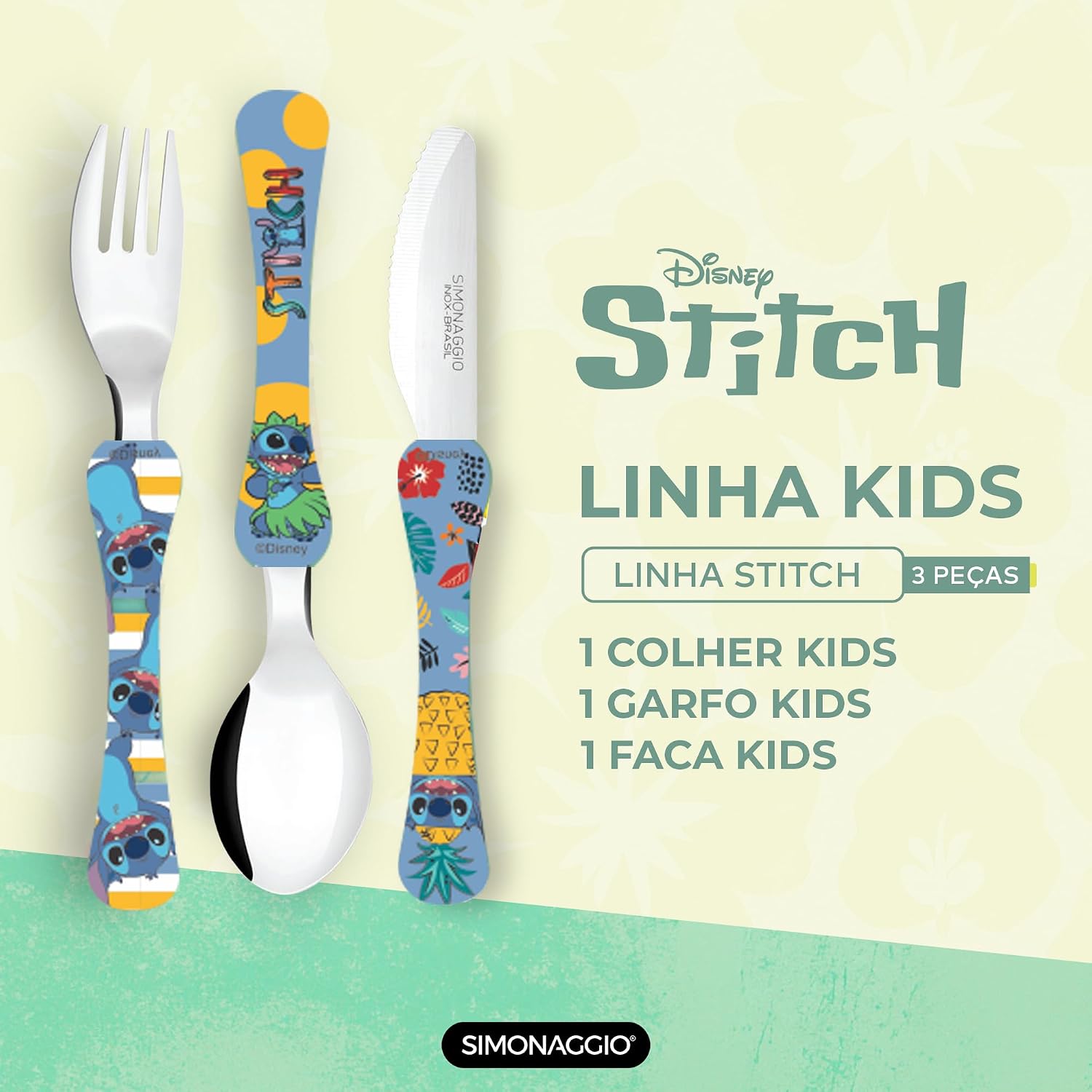 SIMONAGGIO Jogo de Talheres Infantil Disney Kids Stitch - Kit de Talheres de Aço Inox Com Cabo Plástico Para Bebês - Azul & verde - 3 Peças SIMONAGGIO Jogo de Talheres Infantil Disney Kids Stitch - Kit de Talheres de Aço Inox Com Cabo Plástico Para Bebês - Azul & verde - 3 Peças