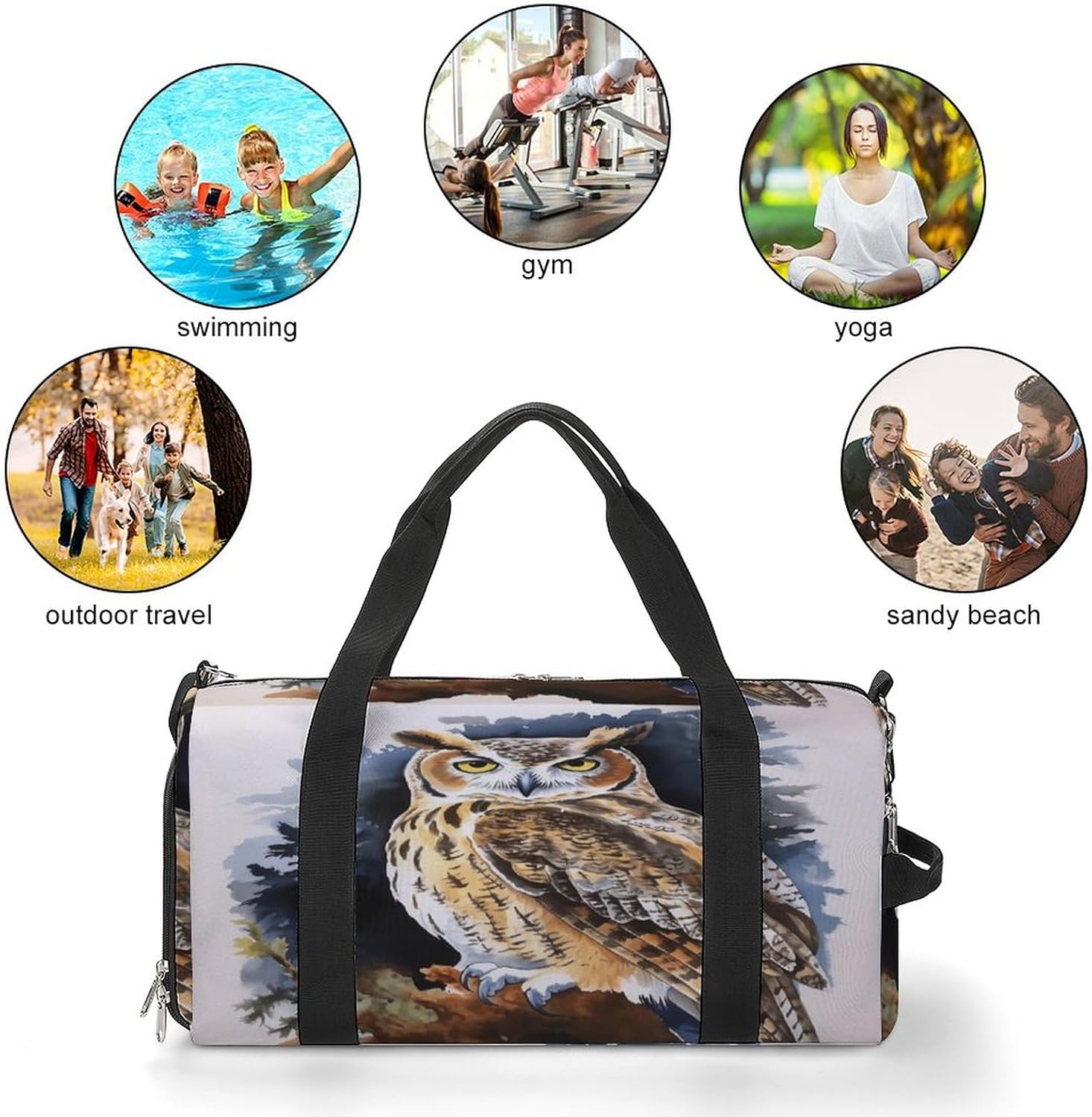 Owl Barrel Gym Bags for Men And Women, Duffle Bag for Travel Sports Bag Camping Weekend Carry on Overnight Duffel Bag with Shoulder Strap